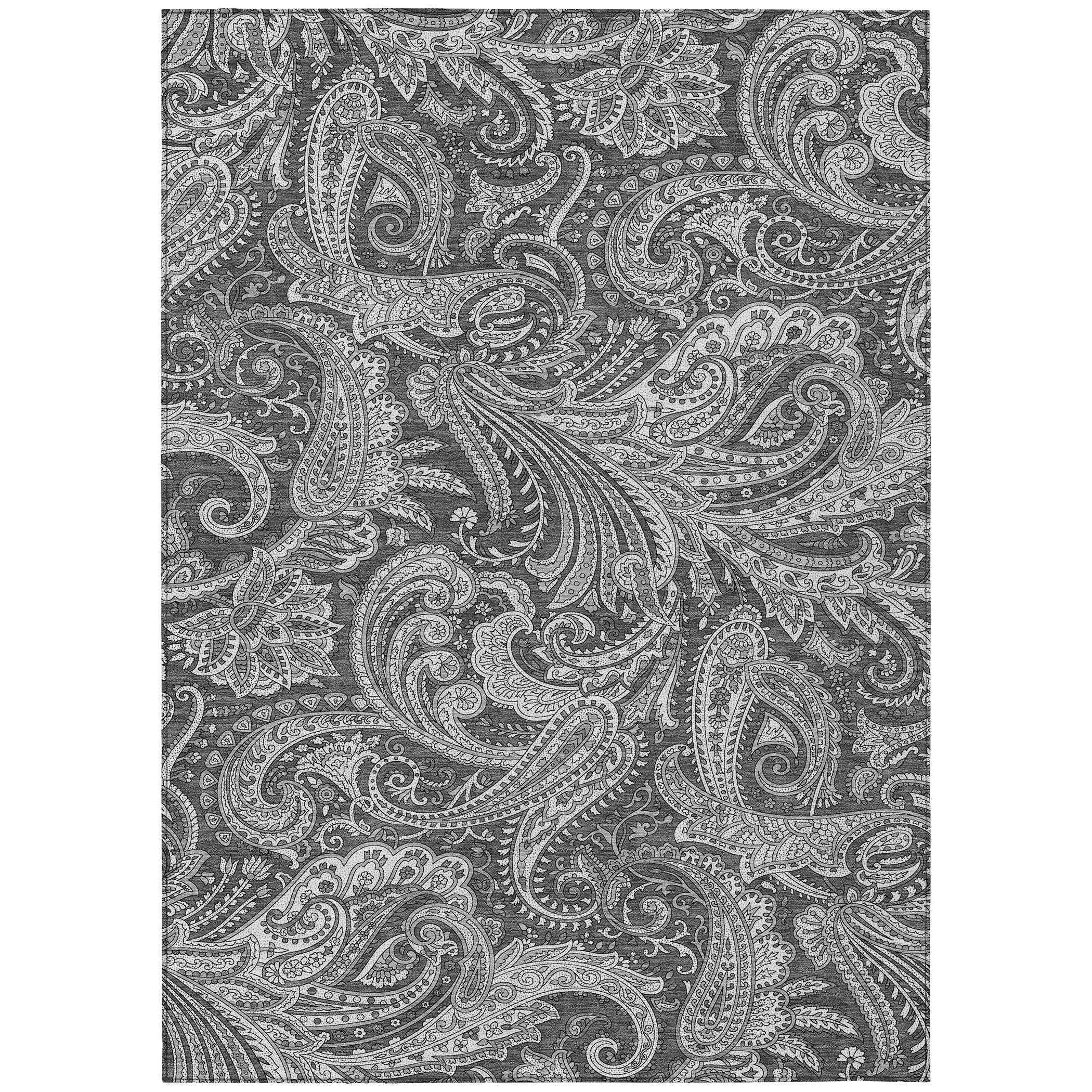 10' X 14' Gray Charcoal And Ivory Paisley Washable Indoor Outdoor Area Rug
