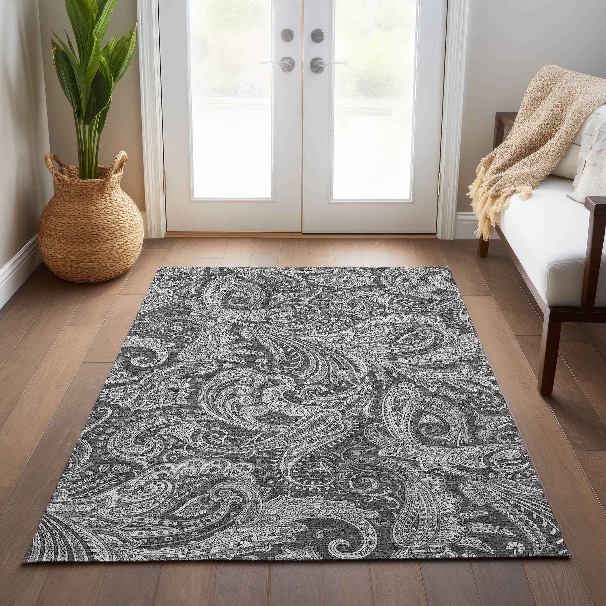 10' X 14' Gray Charcoal And Ivory Paisley Washable Indoor Outdoor Area Rug