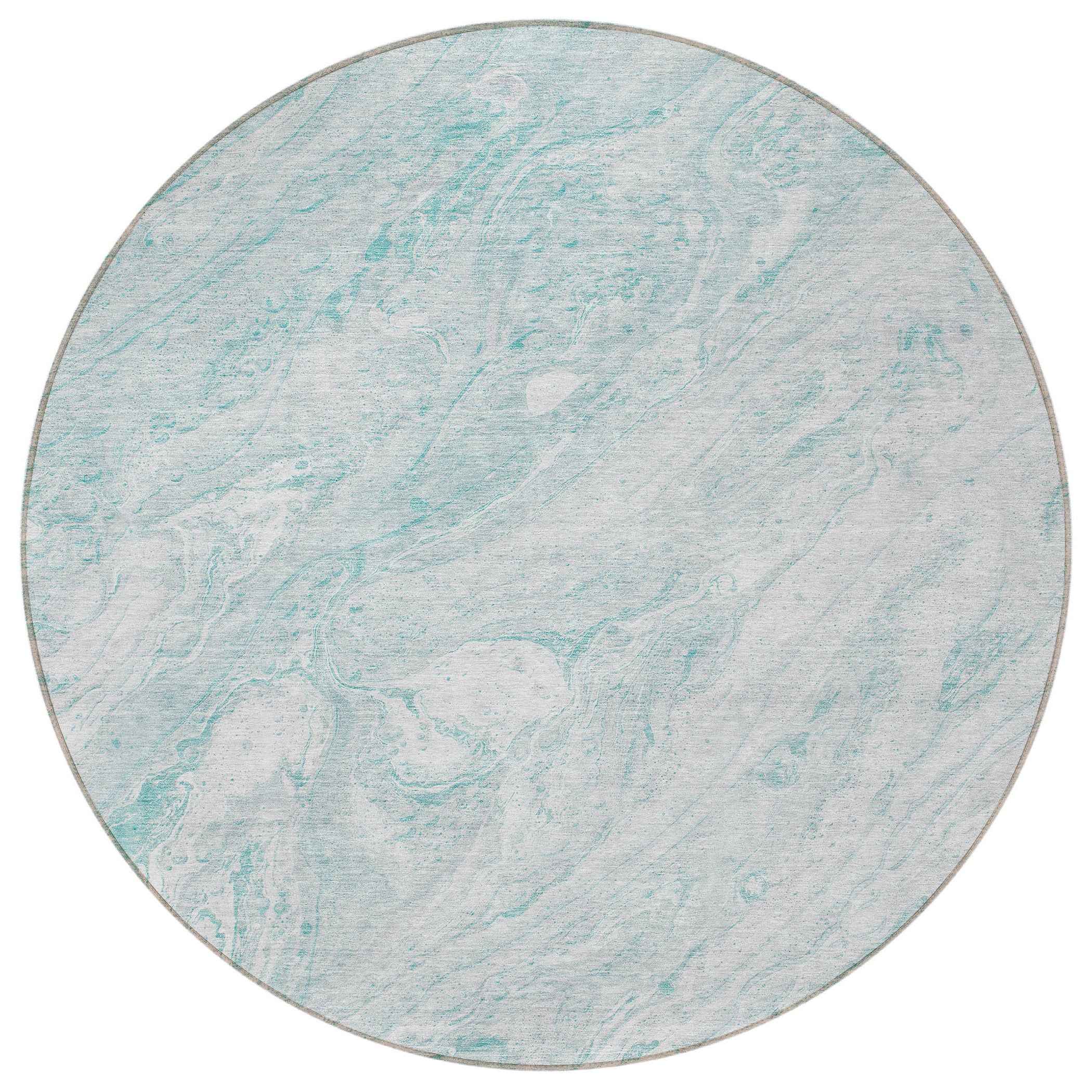 8' Aquamarine Aqua And Ivory Round Abstract Washable Indoor Outdoor Area Rug