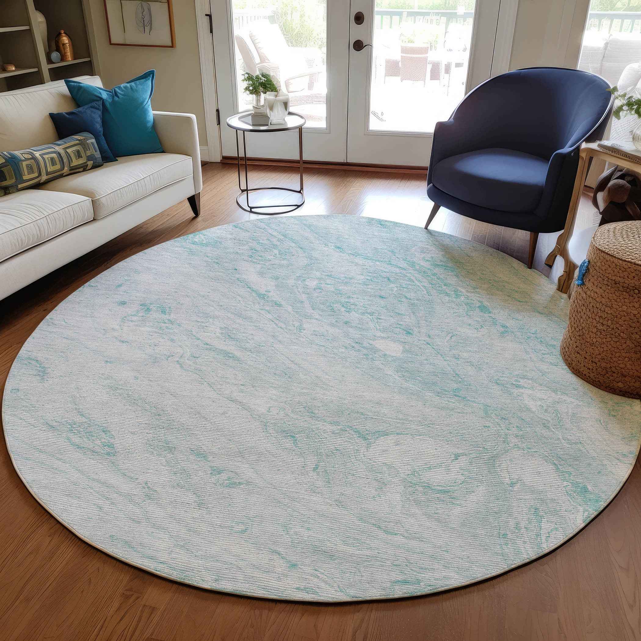 8' Aquamarine Aqua And Ivory Round Abstract Washable Indoor Outdoor Area Rug