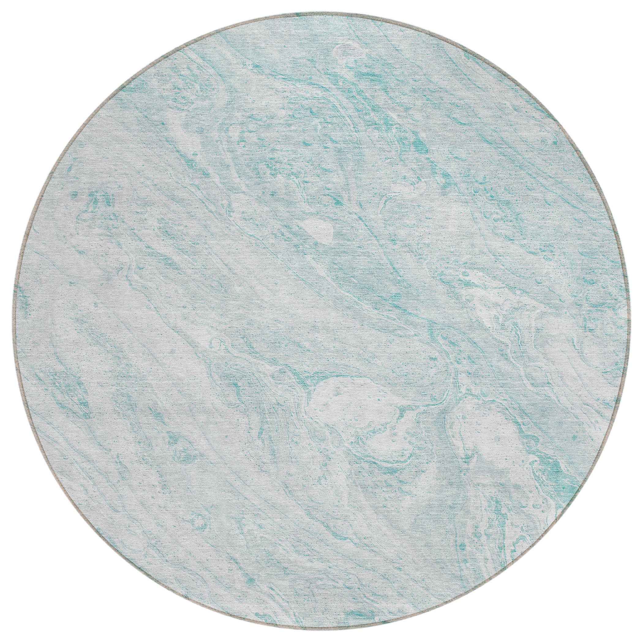 8' Aquamarine Aqua And Ivory Round Abstract Washable Indoor Outdoor Area Rug