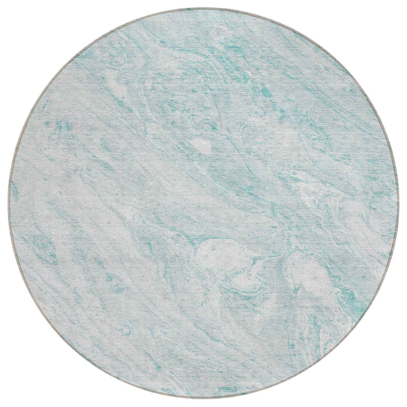 8' Aquamarine Aqua And Ivory Round Abstract Washable Indoor Outdoor Area Rug