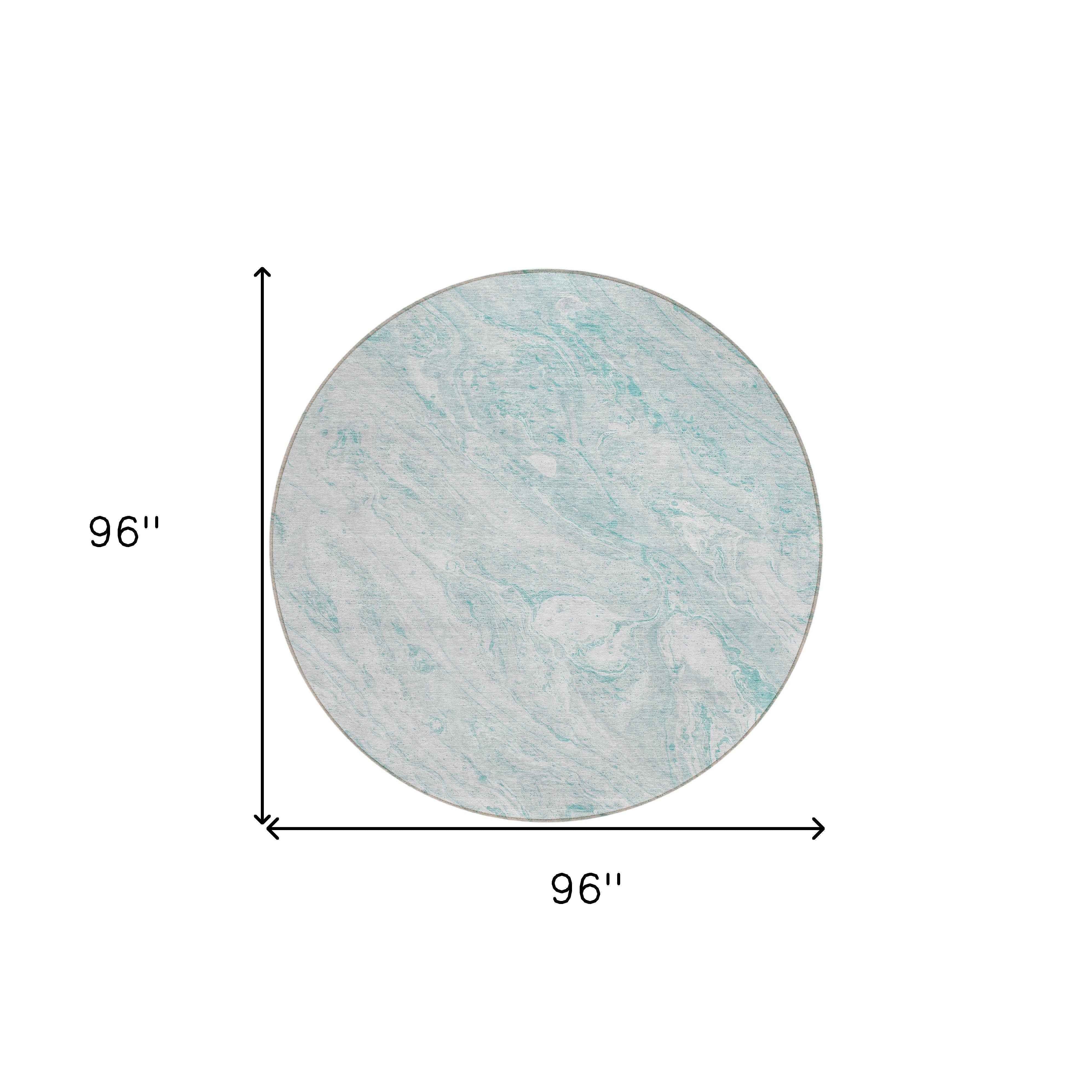 8' Aquamarine Aqua And Ivory Round Abstract Washable Indoor Outdoor Area Rug