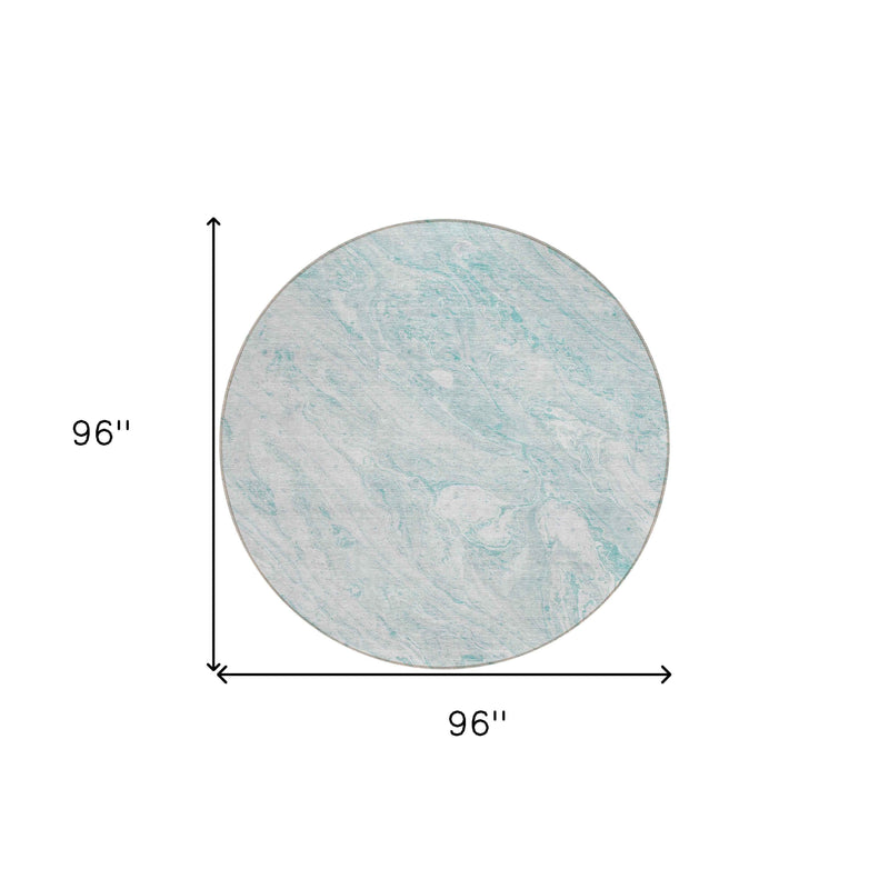 8' Aquamarine Aqua And Ivory Round Abstract Washable Indoor Outdoor Area Rug