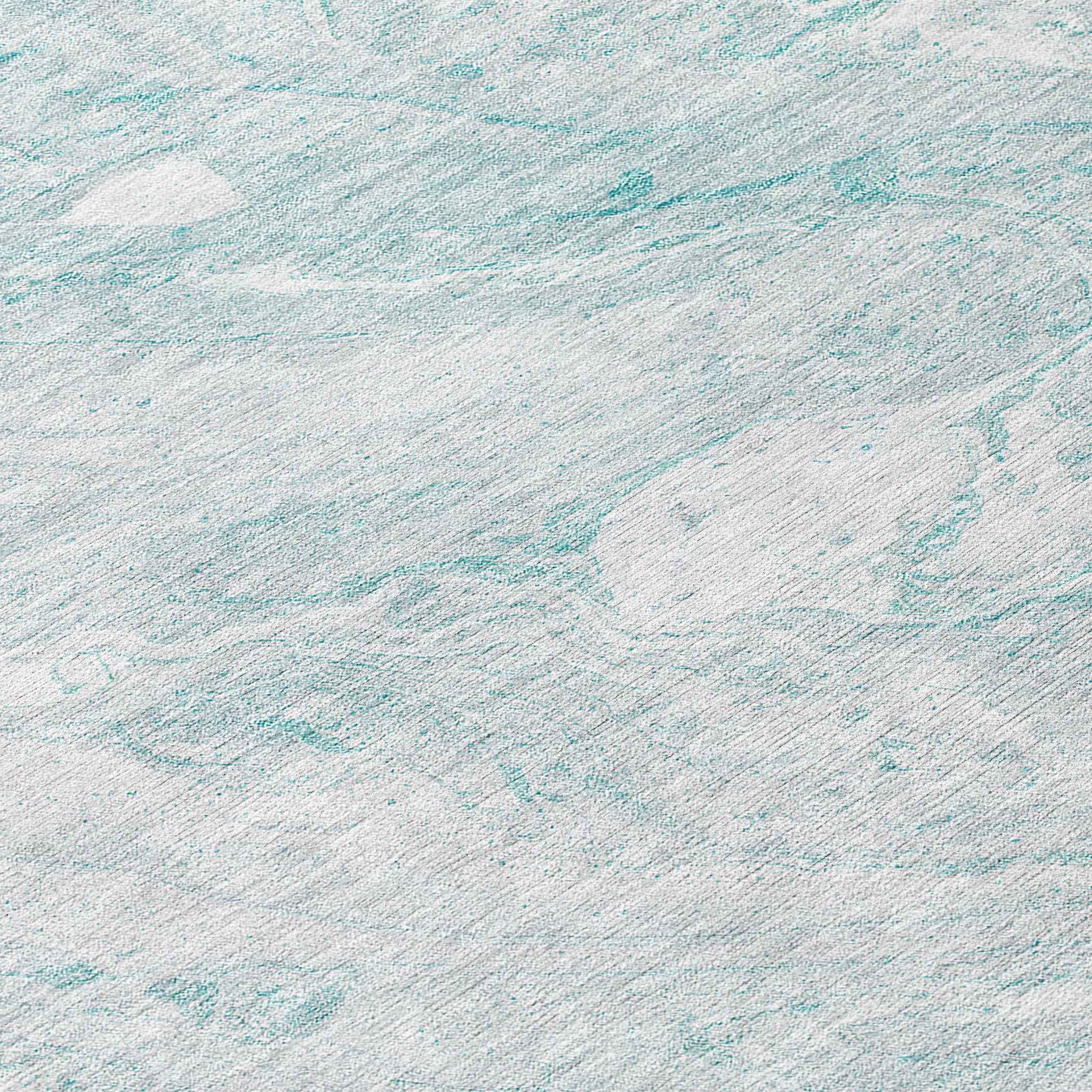 8' Aquamarine Aqua And Ivory Round Abstract Washable Indoor Outdoor Area Rug