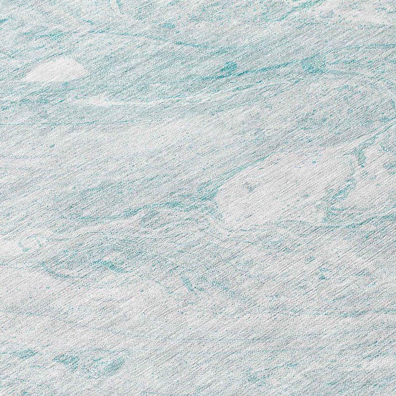 8' Aquamarine Aqua And Ivory Round Abstract Washable Indoor Outdoor Area Rug