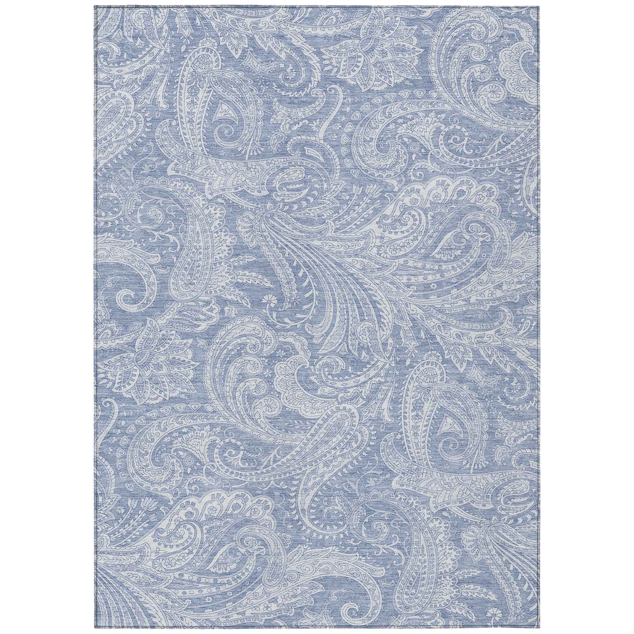 10' X 14' Denim Blue Sky Blue And Ivory Paisley Washable Indoor Outdoor Area Rug