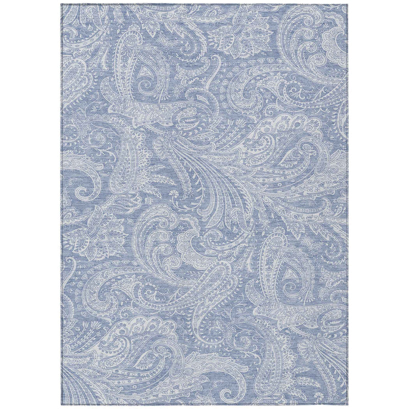 10' X 14' Denim Blue Sky Blue And Ivory Paisley Washable Indoor Outdoor Area Rug