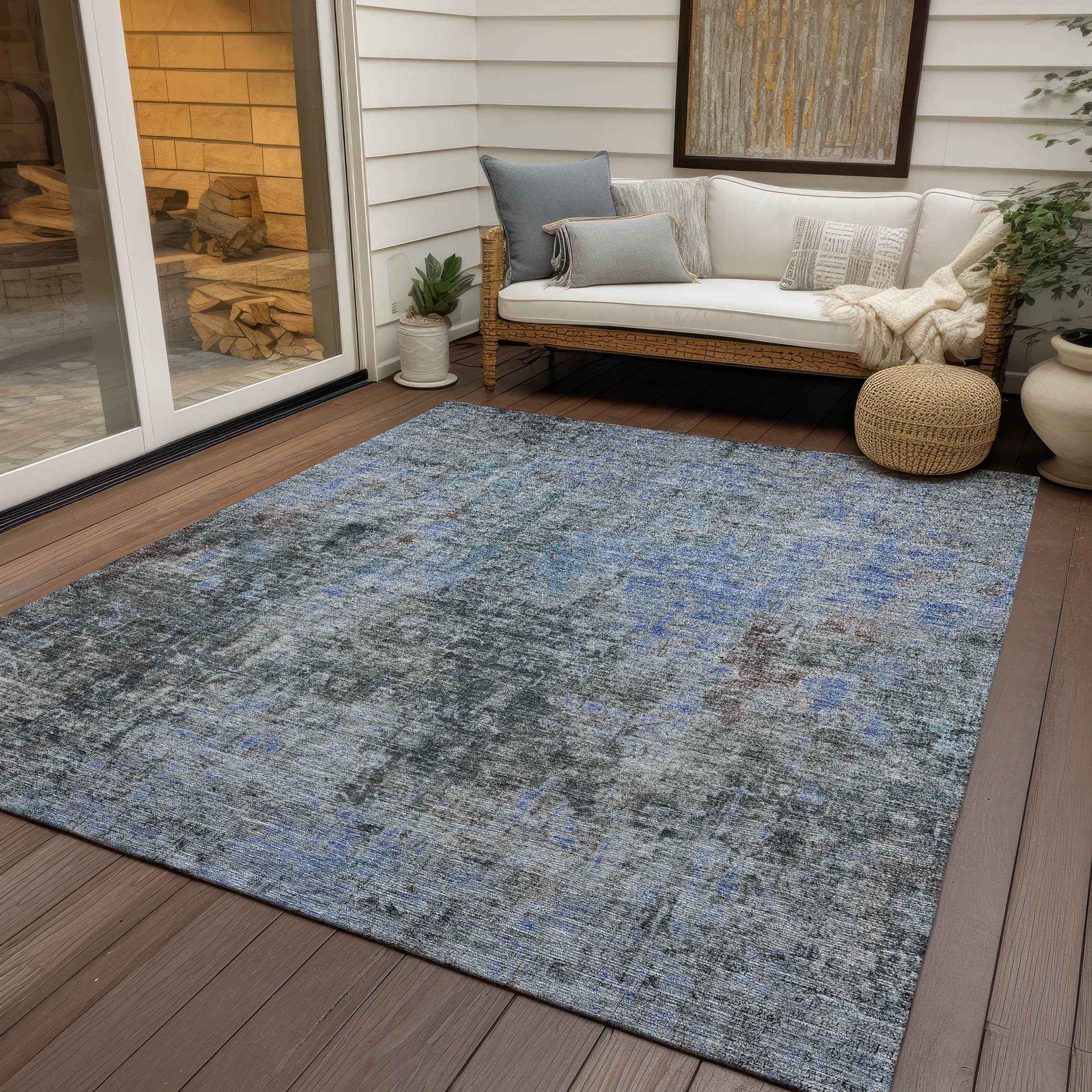 8' X 10' Gray Charcoal And Blue Abstract Washable Indoor Outdoor Area Rug