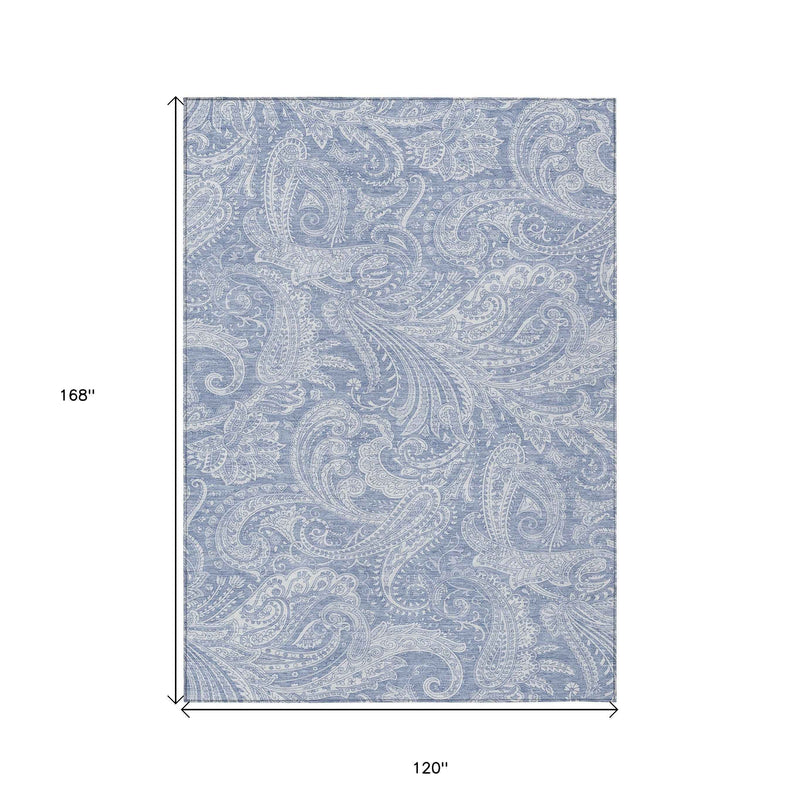 10' X 14' Denim Blue Sky Blue And Ivory Paisley Washable Indoor Outdoor Area Rug