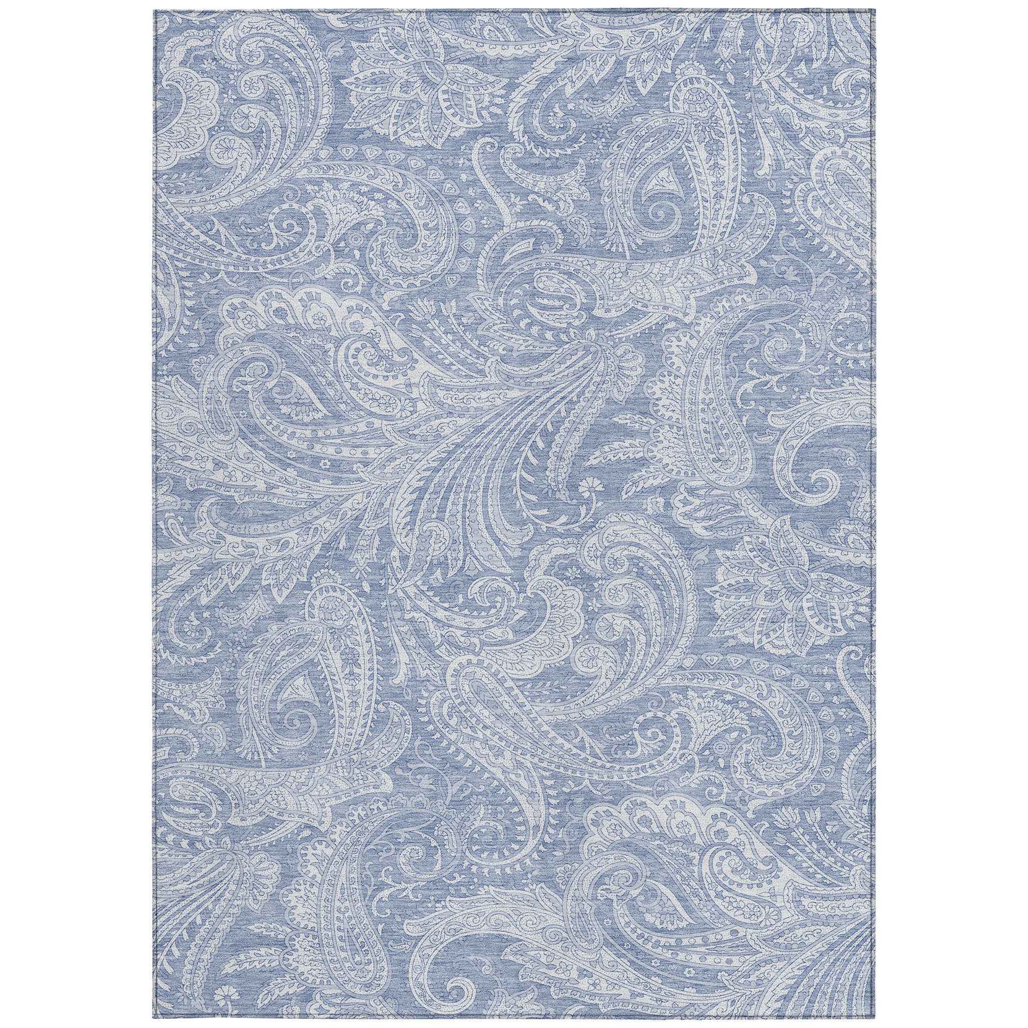 10' X 14' Denim Blue Sky Blue And Ivory Paisley Washable Indoor Outdoor Area Rug