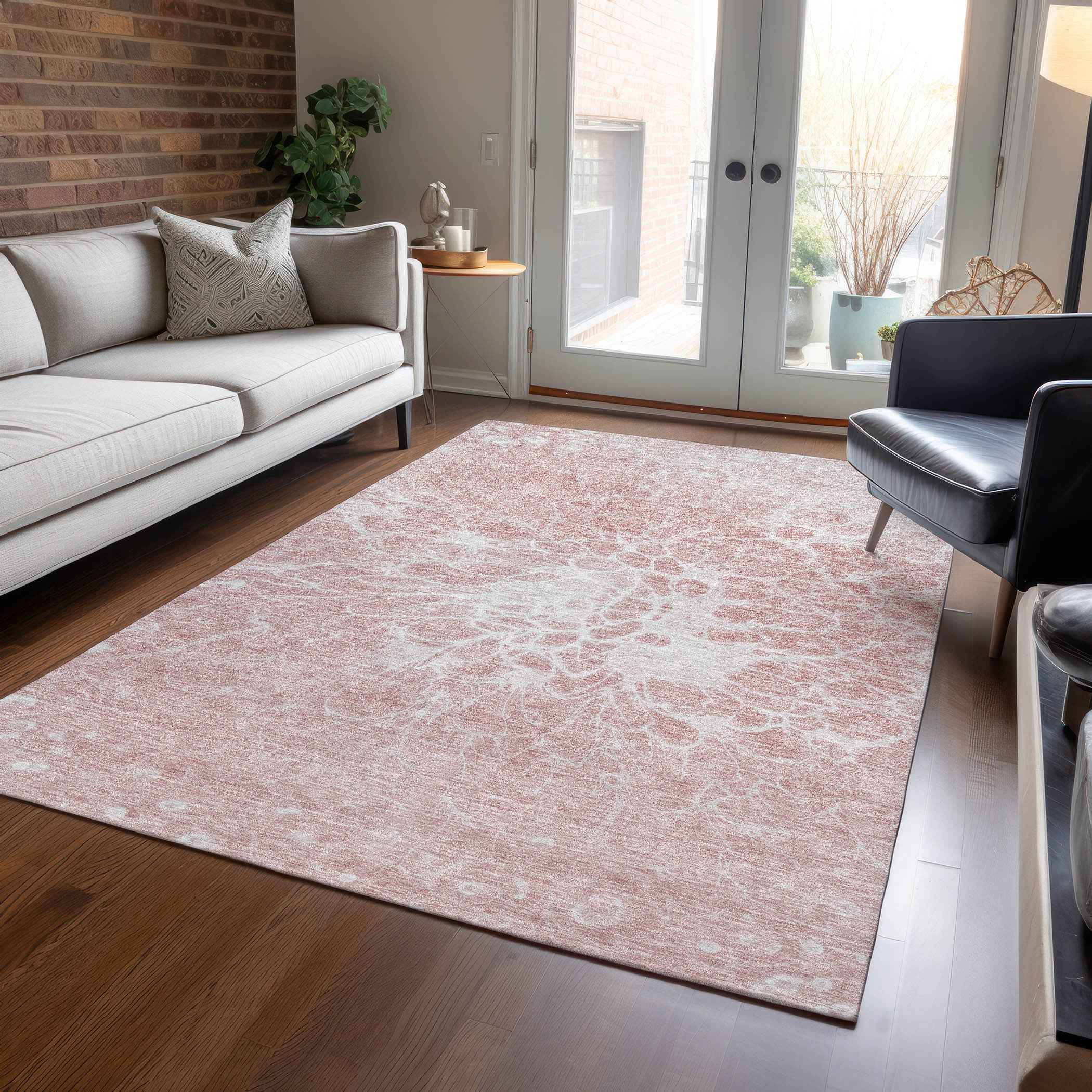 9' X 12' Pink Blush And Ivory Abstract Washable Indoor Outdoor Area Rug