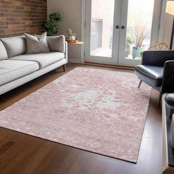9' X 12' Pink Blush And Ivory Abstract Washable Indoor Outdoor Area Rug