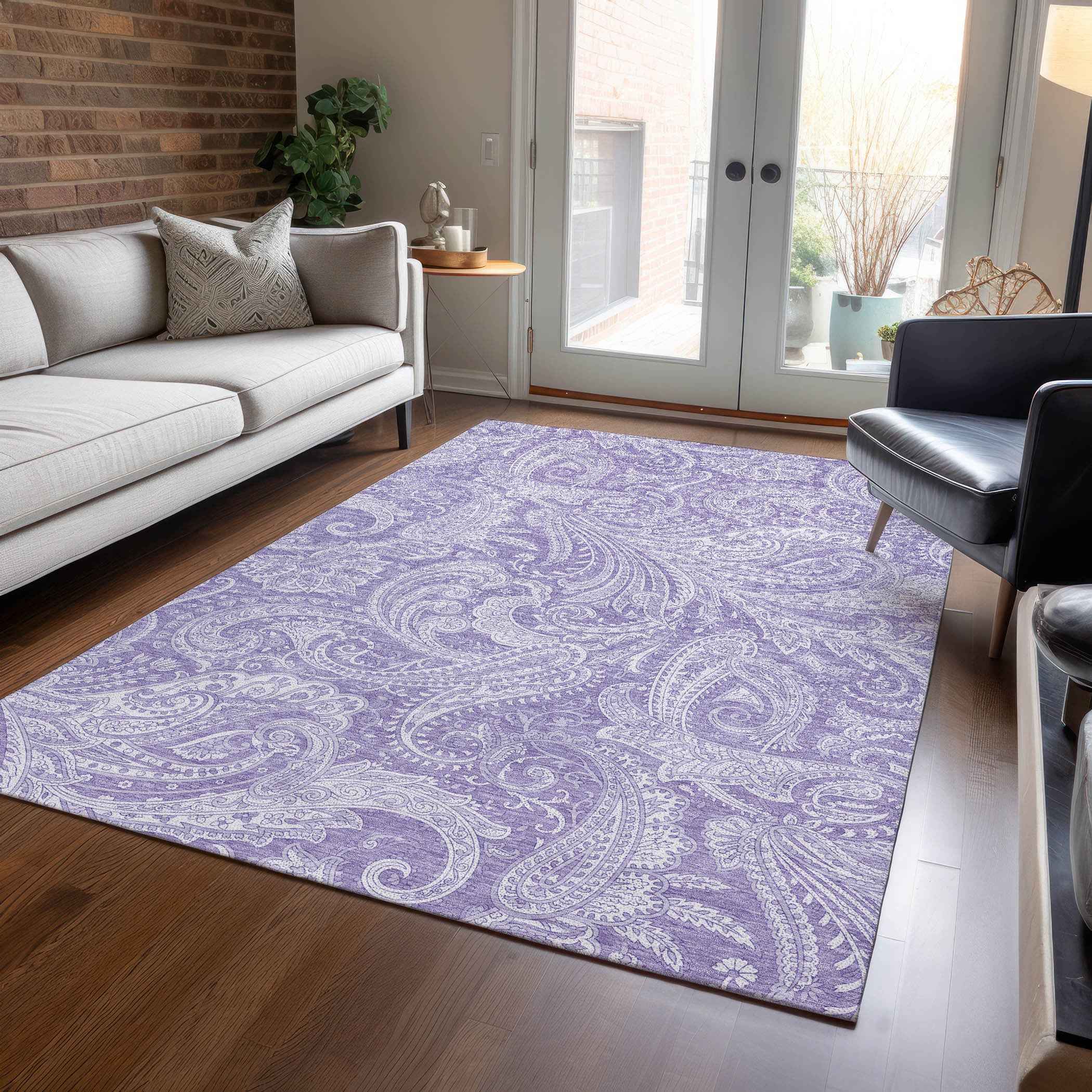 8' X 10' Lavender Purple And Ivory Paisley Washable Indoor Outdoor Area Rug