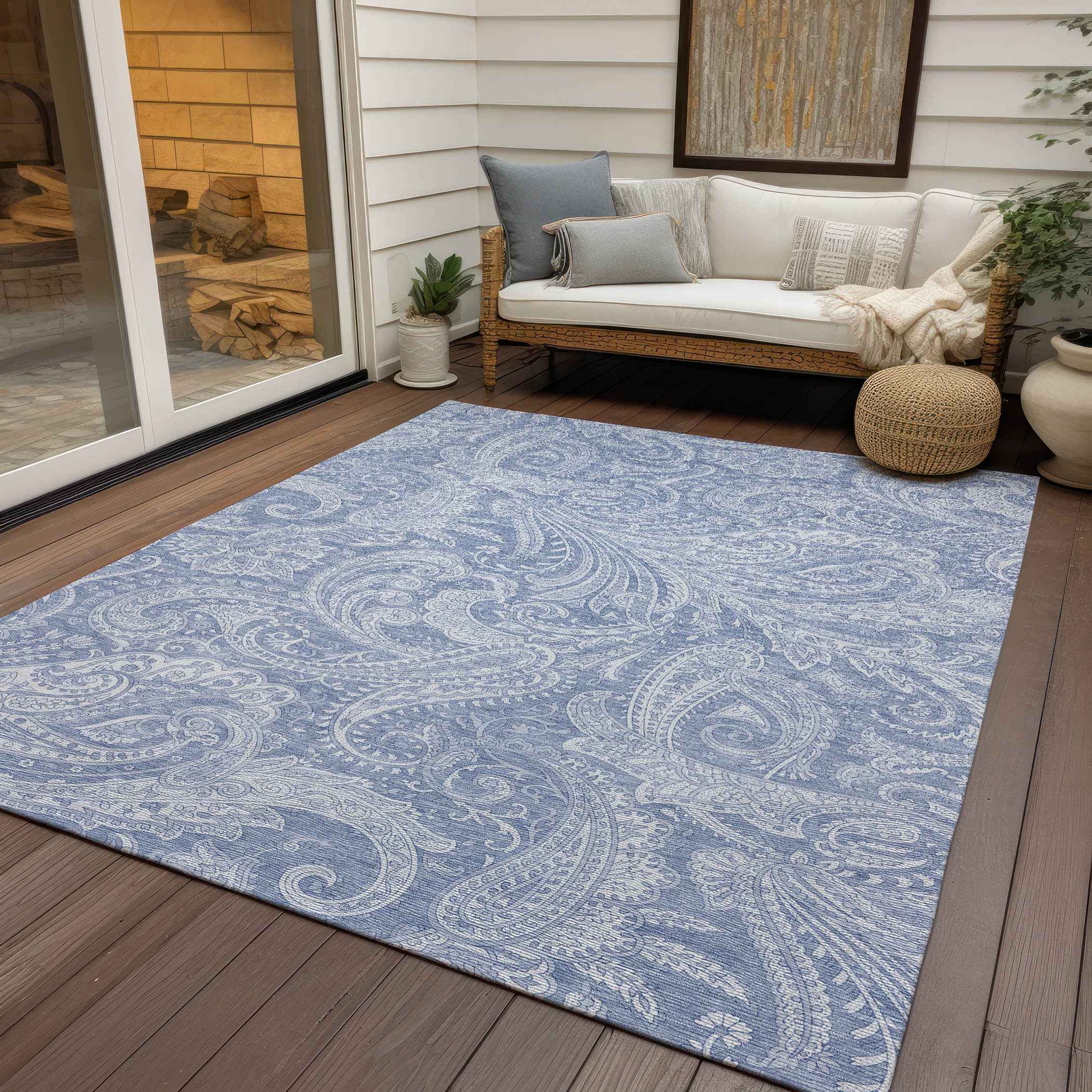 10' X 14' Denim Blue Sky Blue And Ivory Paisley Washable Indoor Outdoor Area Rug