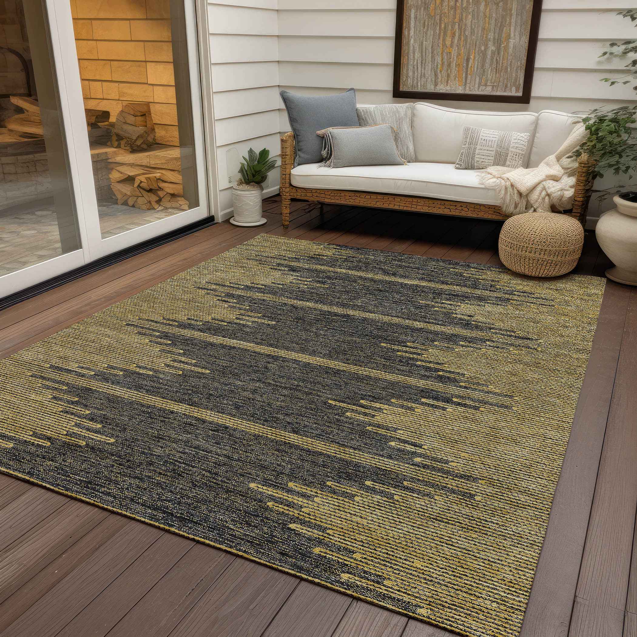 8' X 10' Dark Gray And Gold Abstract Washable Indoor Outdoor Area Rug