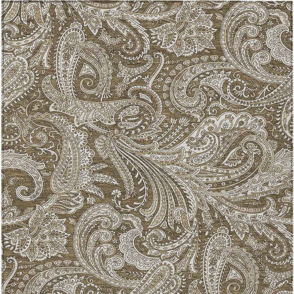 10' X 14' Chocolate Beige And Ivory Paisley Washable Indoor Outdoor Area Rug