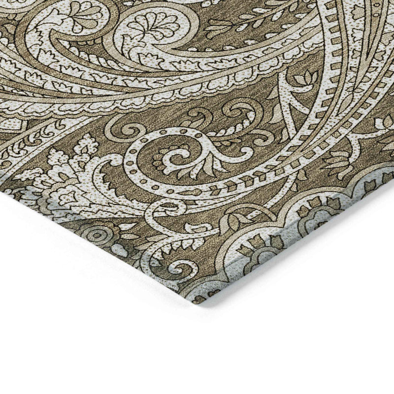 10' X 14' Chocolate Beige And Ivory Paisley Washable Indoor Outdoor Area Rug