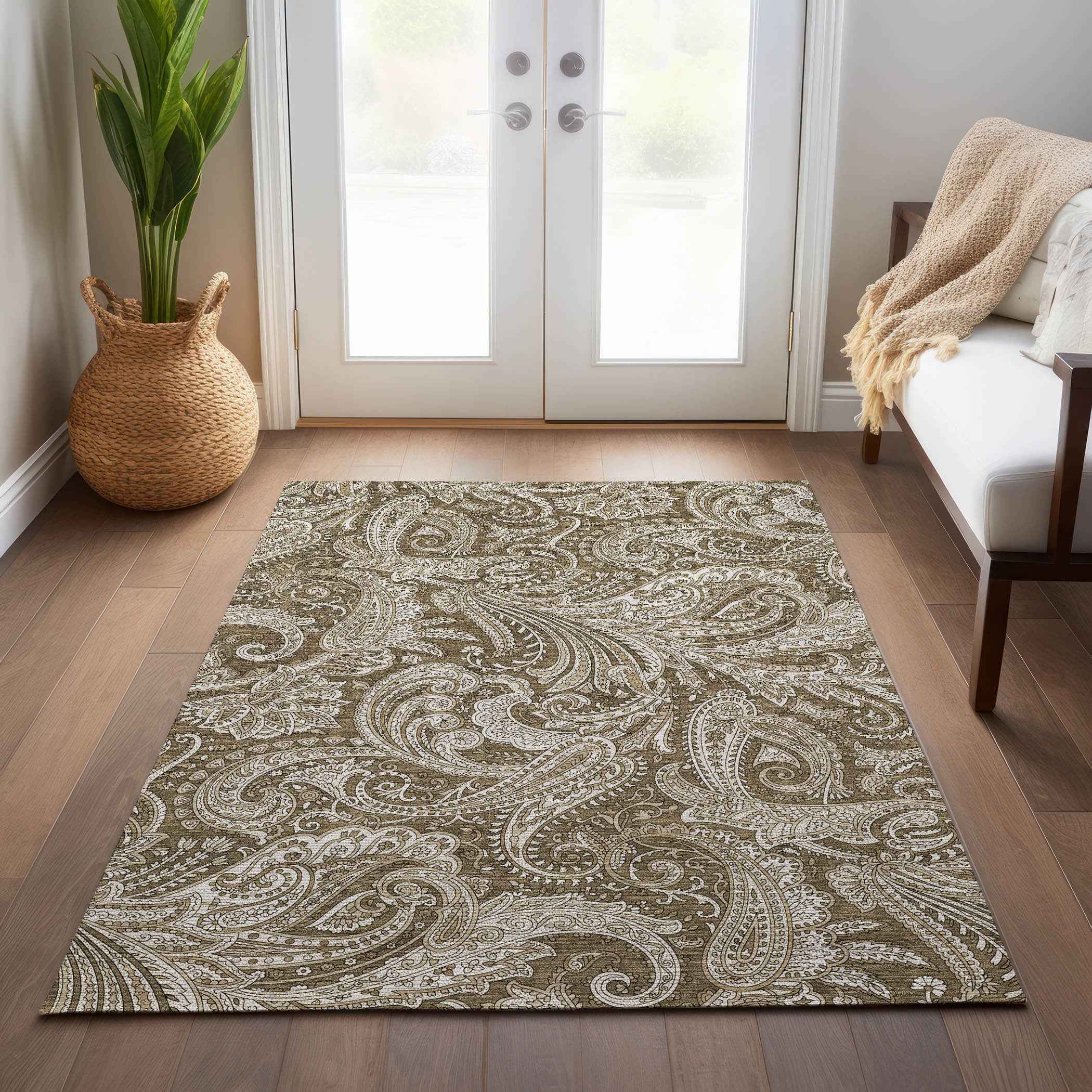 10' X 14' Chocolate Beige And Ivory Paisley Washable Indoor Outdoor Area Rug