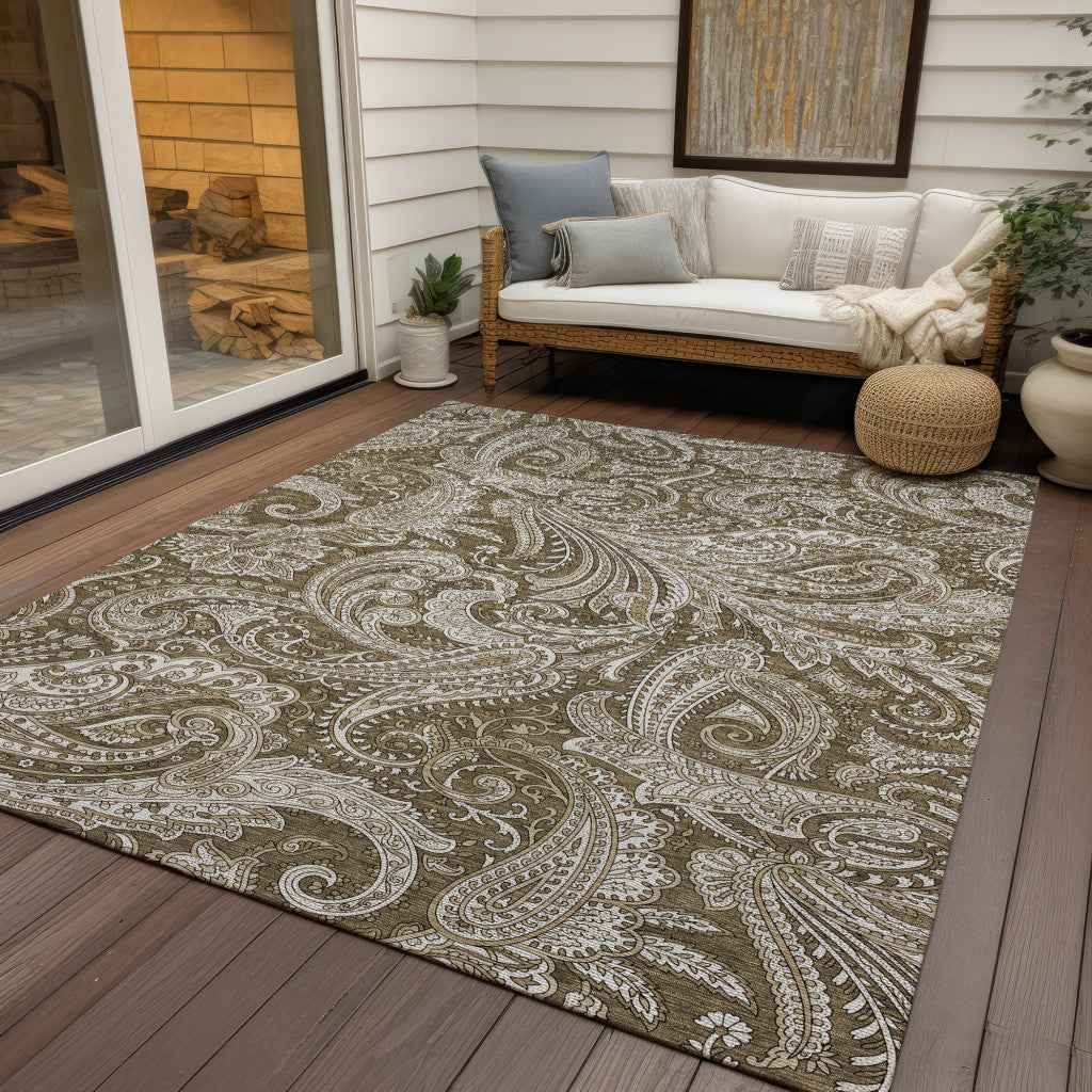 10' X 14' Chocolate Beige And Ivory Paisley Washable Indoor Outdoor Area Rug