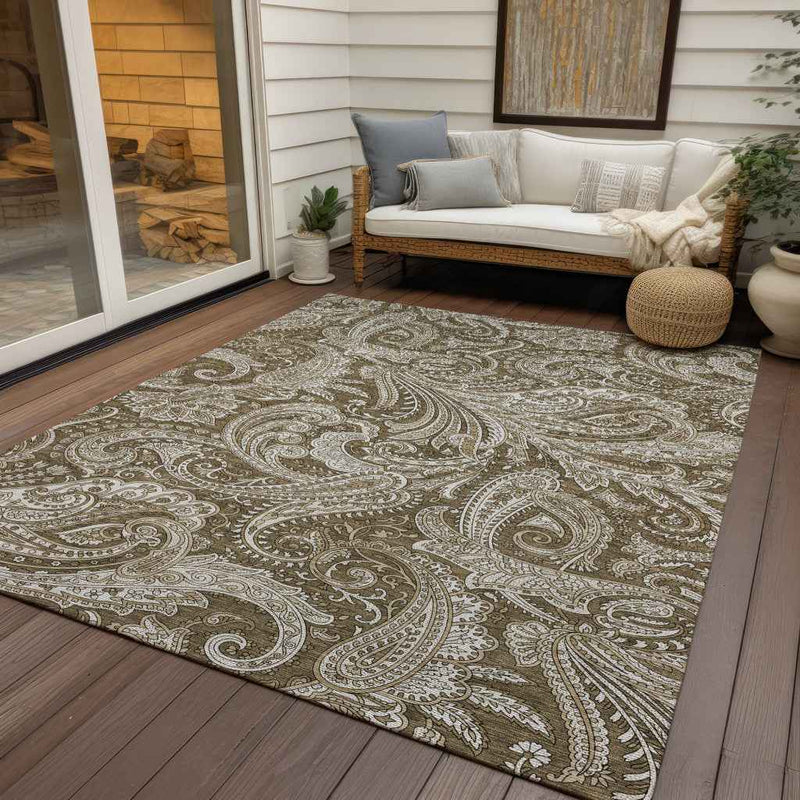 10' X 14' Chocolate Beige And Ivory Paisley Washable Indoor Outdoor Area Rug