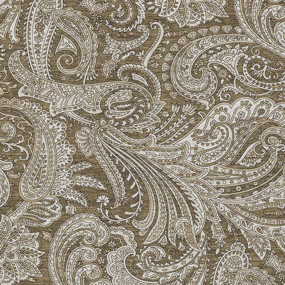 10' X 14' Chocolate Beige And Ivory Paisley Washable Indoor Outdoor Area Rug