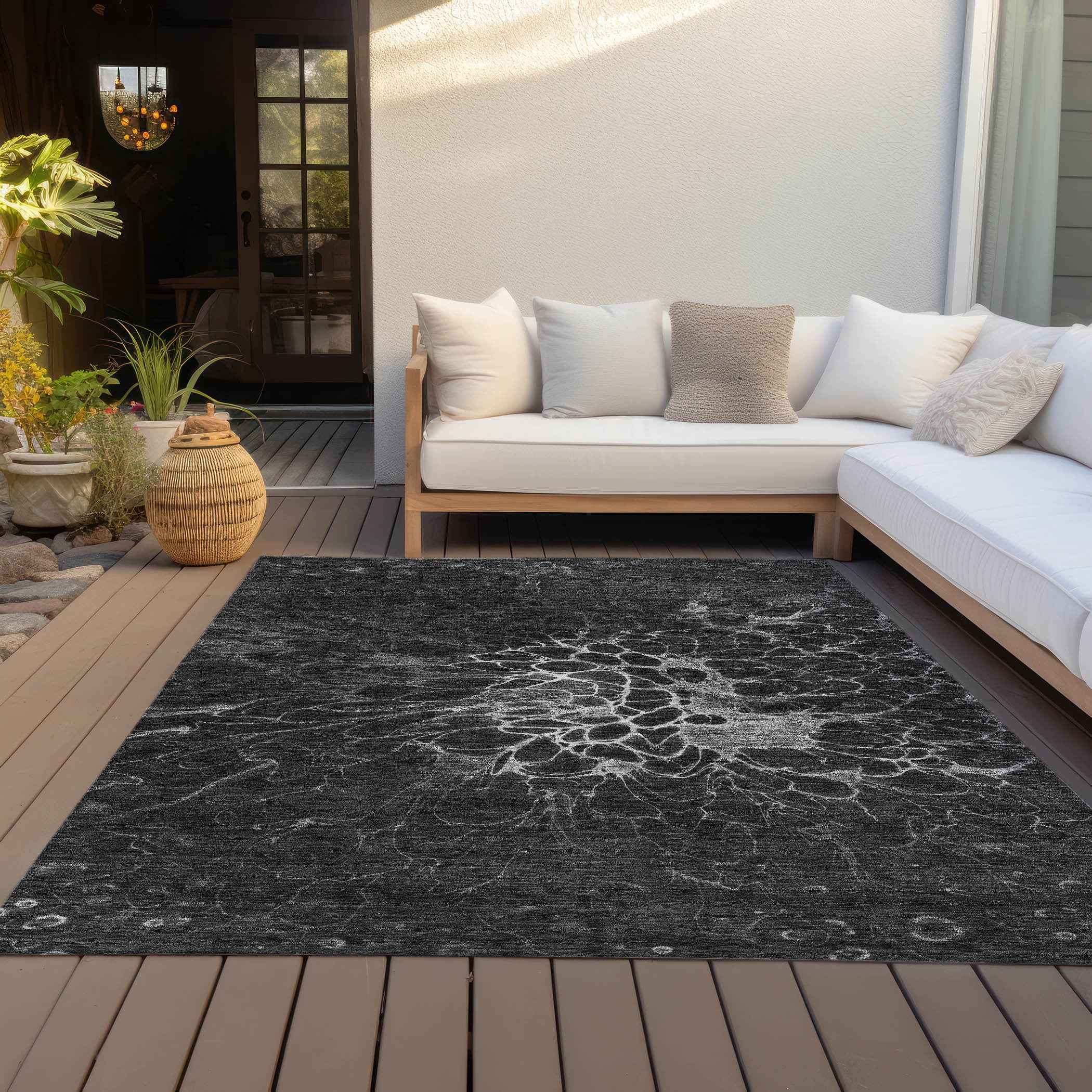 3' X 5' Charcoal Gray And Silver Abstract Washable Indoor Outdoor Area Rug