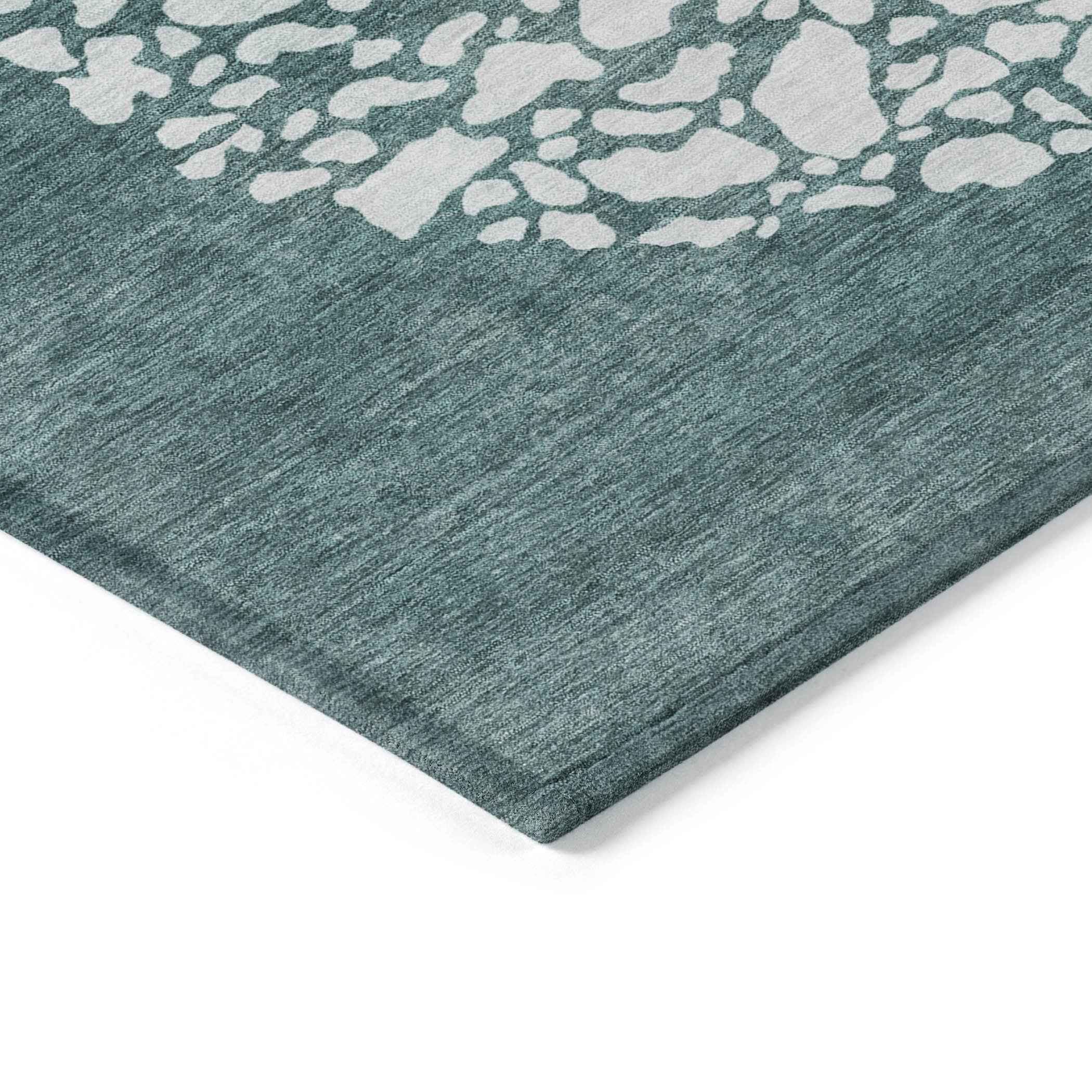 9' X 12' Dark Green Aqua And Ivory Abstract Washable Indoor Outdoor Area Rug