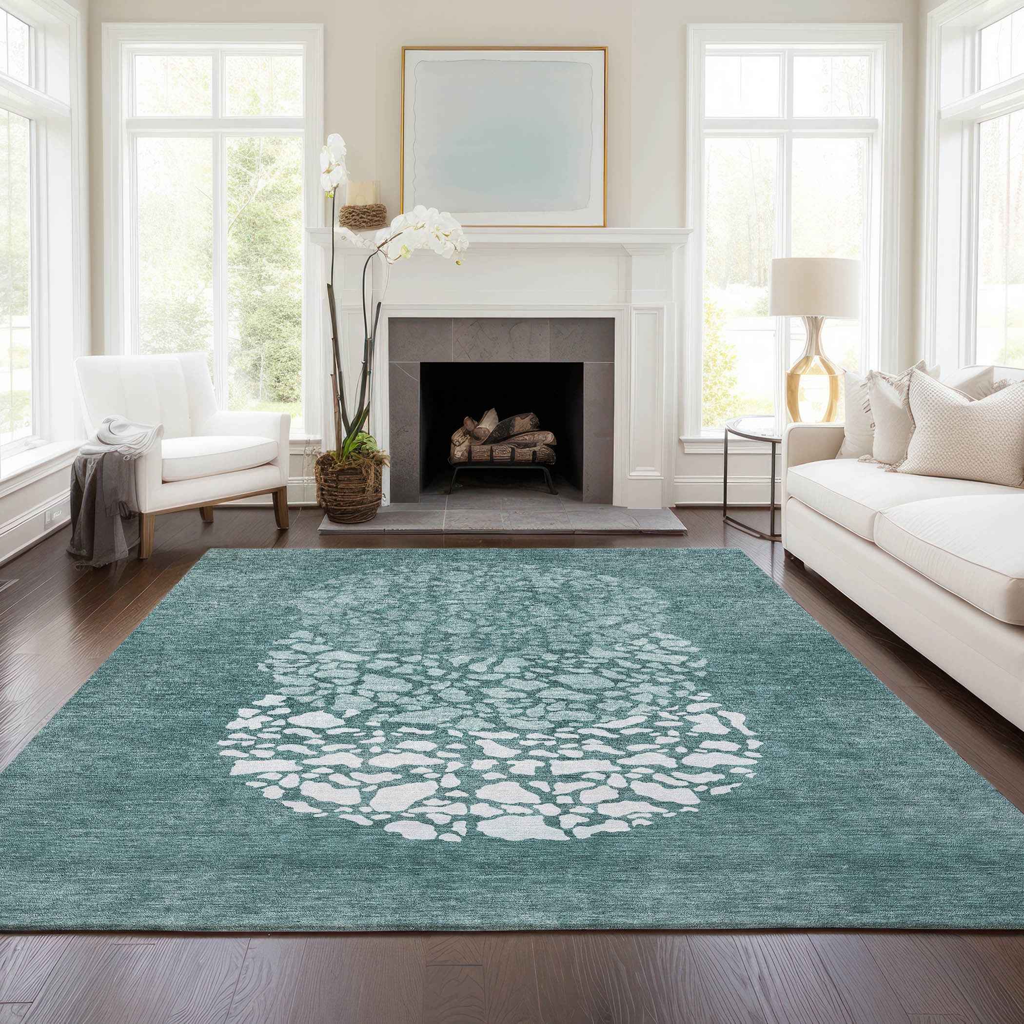 9' X 12' Dark Green Aqua And Ivory Abstract Washable Indoor Outdoor Area Rug