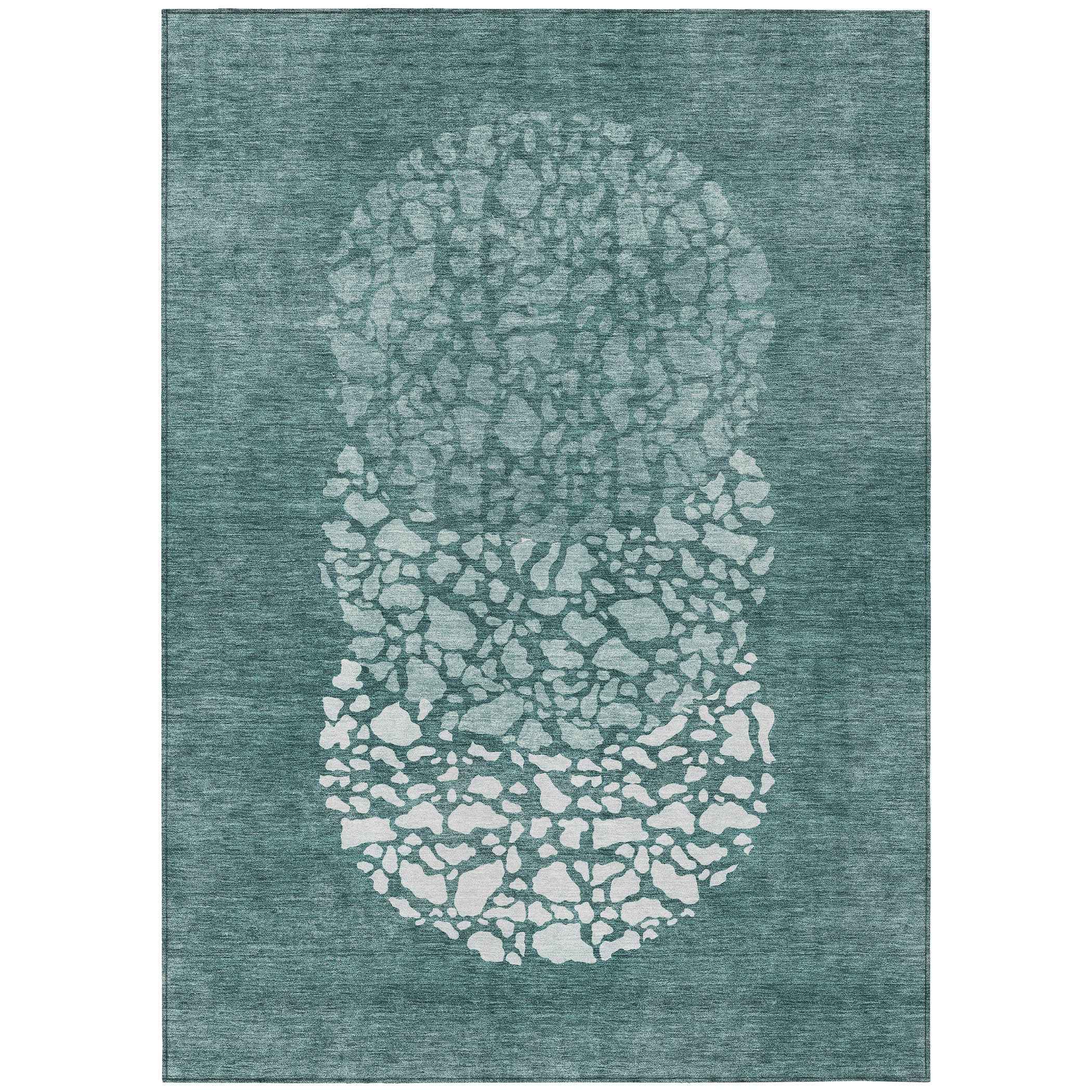 9' X 12' Dark Green Aqua And Ivory Abstract Washable Indoor Outdoor Area Rug