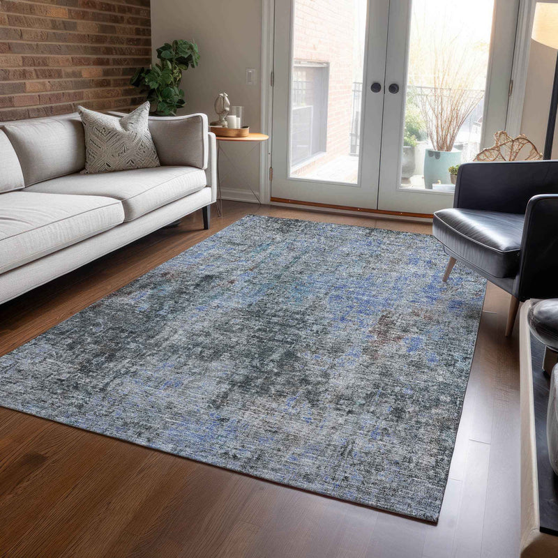 9' X 12' Gray Charcoal And Blue Abstract Washable Indoor Outdoor Area Rug