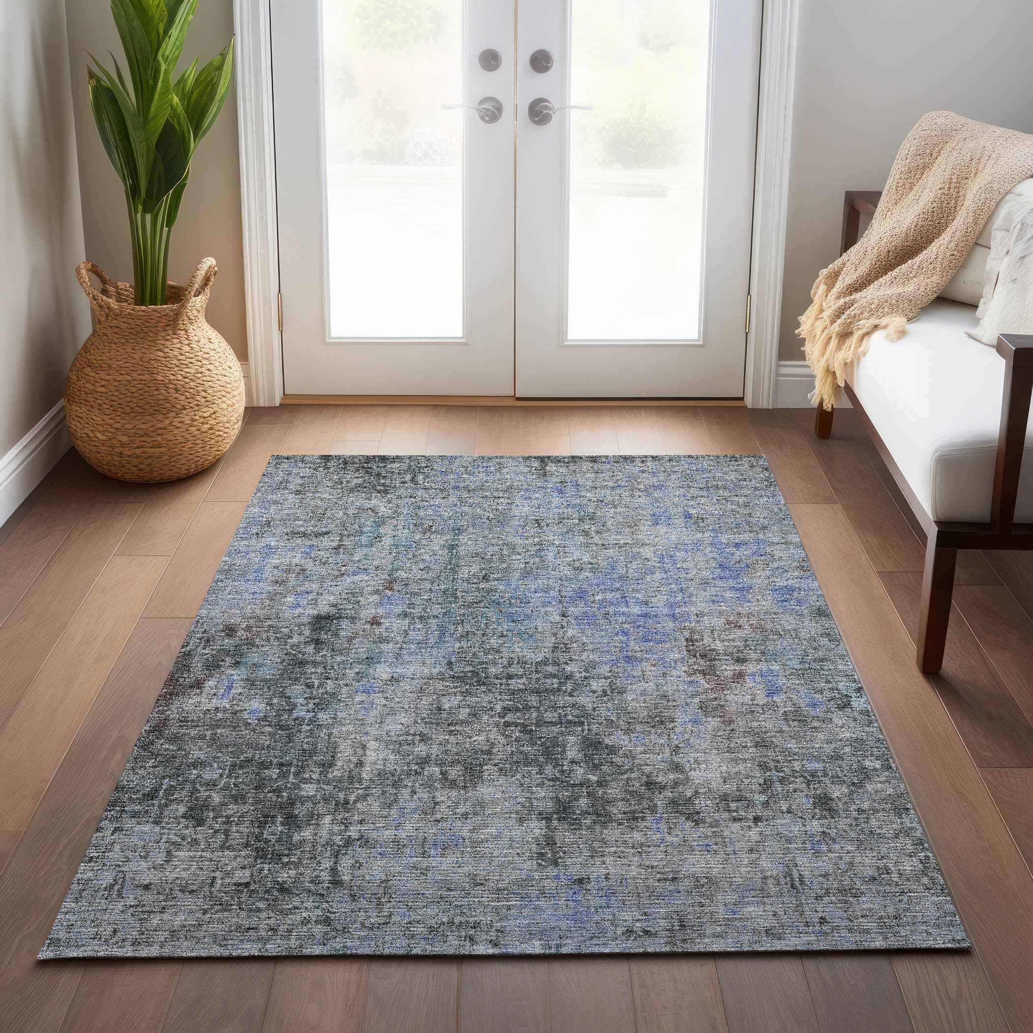 9' X 12' Gray Charcoal And Blue Abstract Washable Indoor Outdoor Area Rug