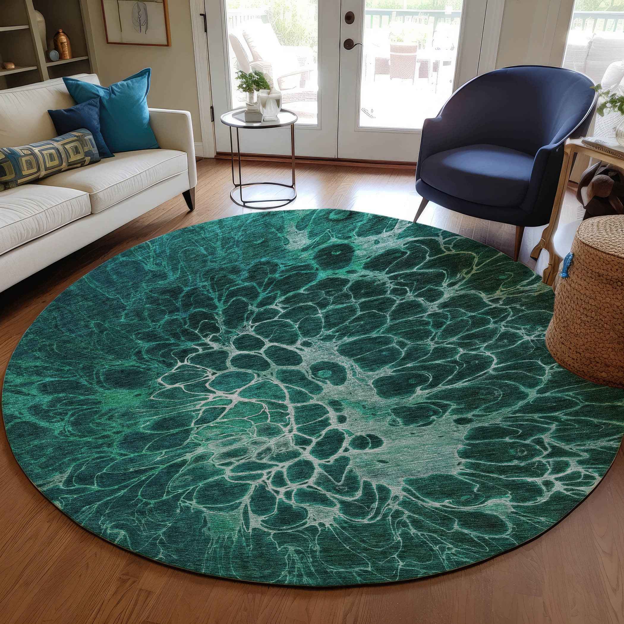 8' Teal Blue Aqua And Turquoise Round Abstract Washable Indoor Outdoor Area Rug