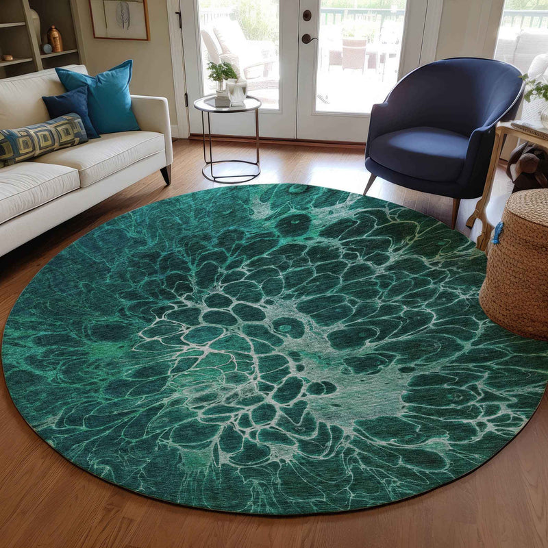 8' Teal Blue Aqua And Turquoise Round Abstract Washable Indoor Outdoor Area Rug