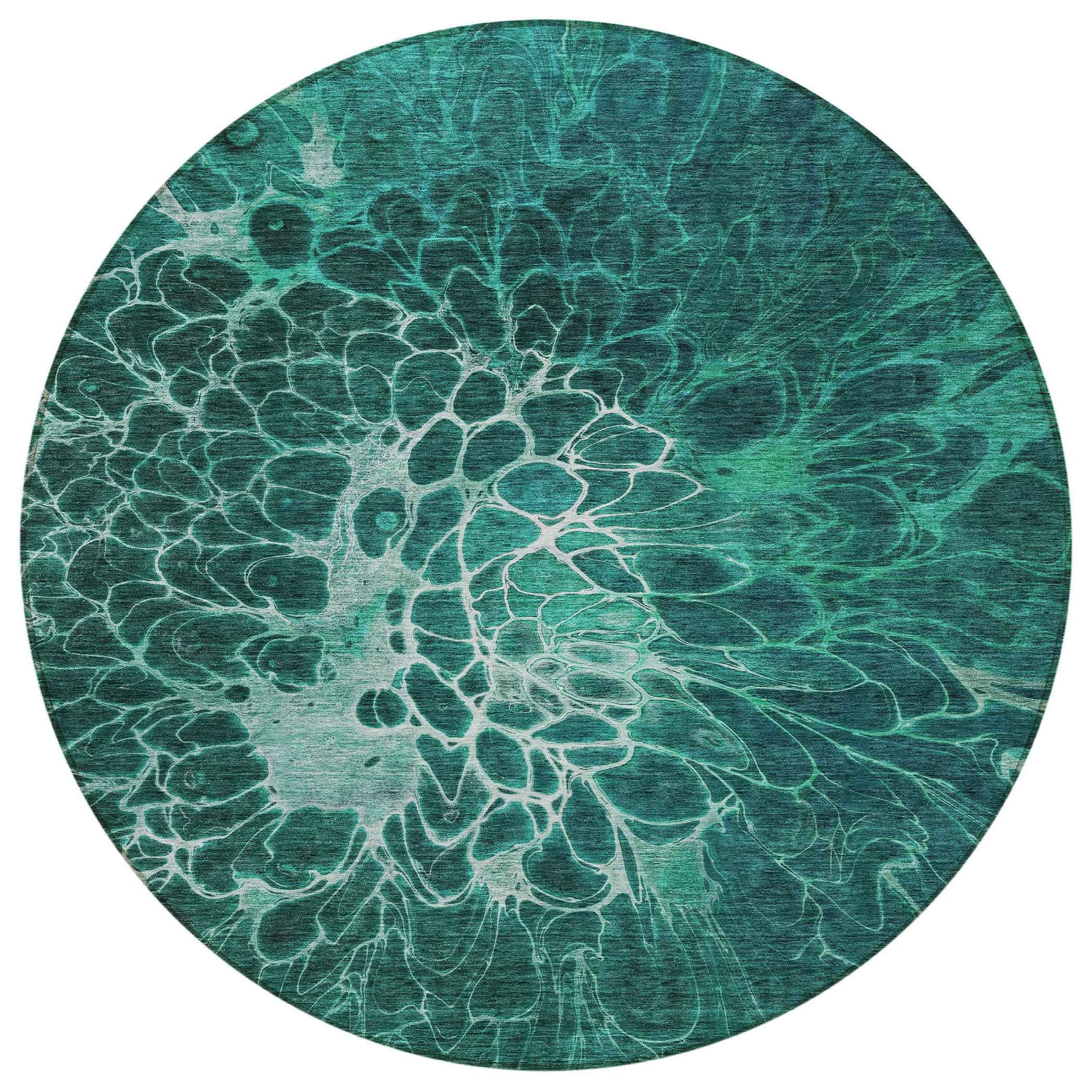 8' Teal Blue Aqua And Turquoise Round Abstract Washable Indoor Outdoor Area Rug