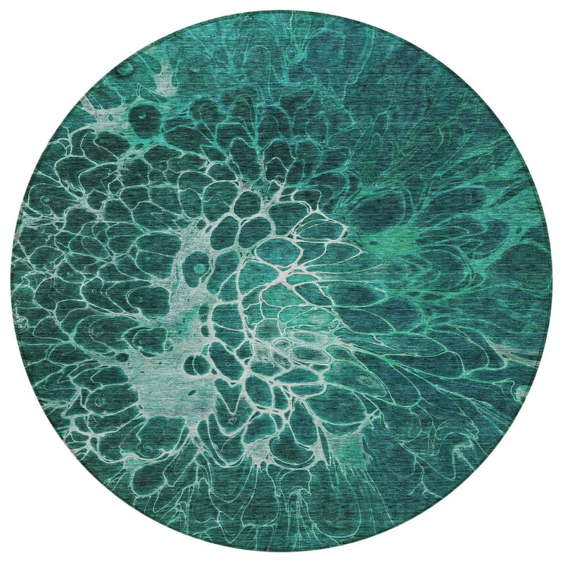 8' Teal Blue Aqua And Turquoise Round Abstract Washable Indoor Outdoor Area Rug