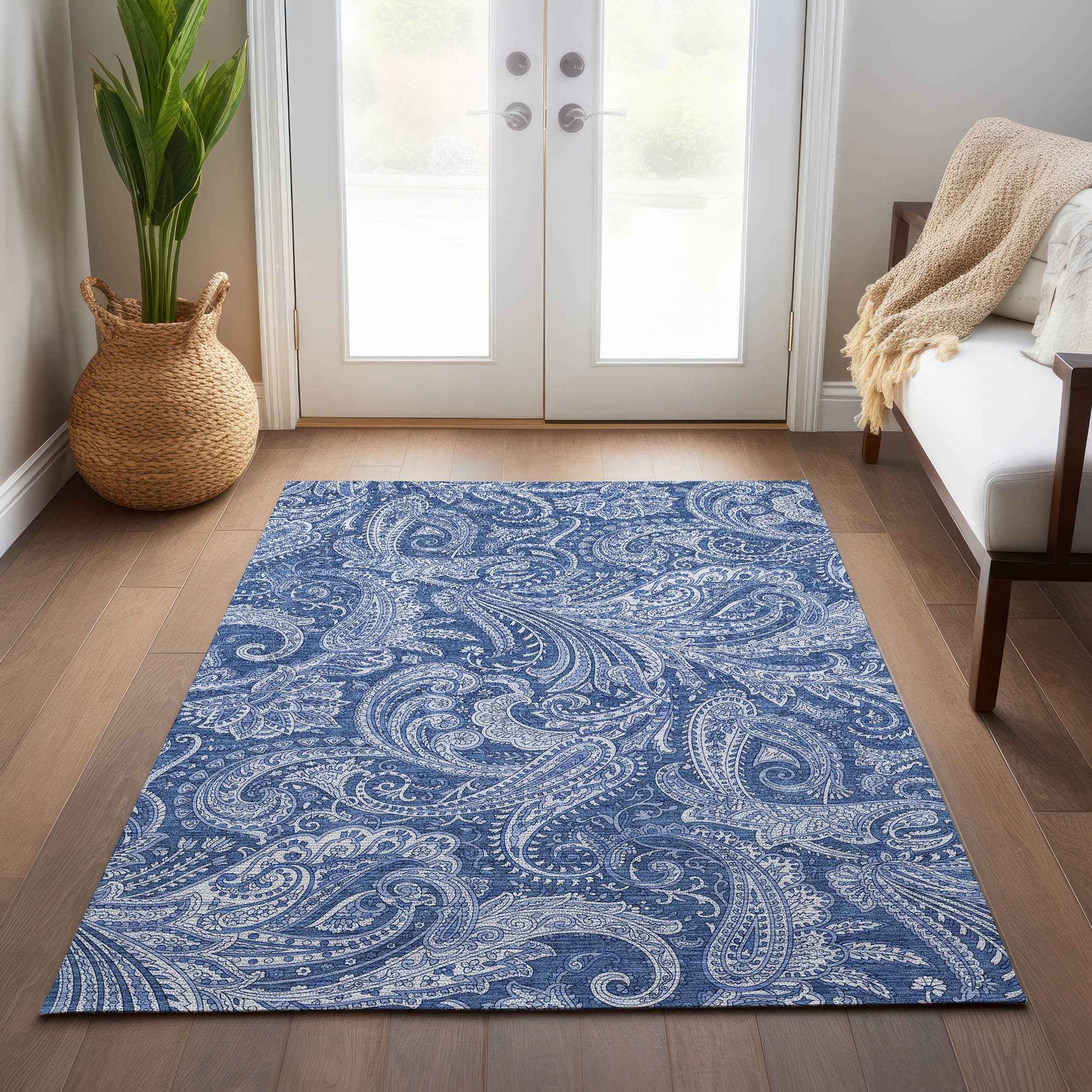 3' X 5' Navy Blue And Denim Blue Paisley Washable Indoor Outdoor Area Rug