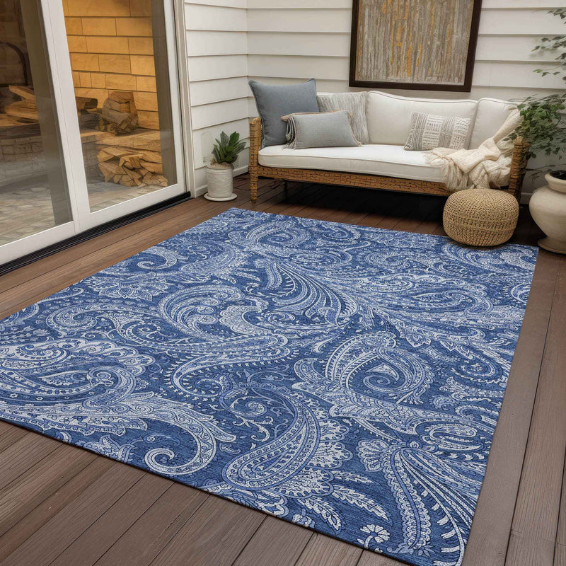 3' X 5' Navy Blue And Denim Blue Paisley Washable Indoor Outdoor Area Rug