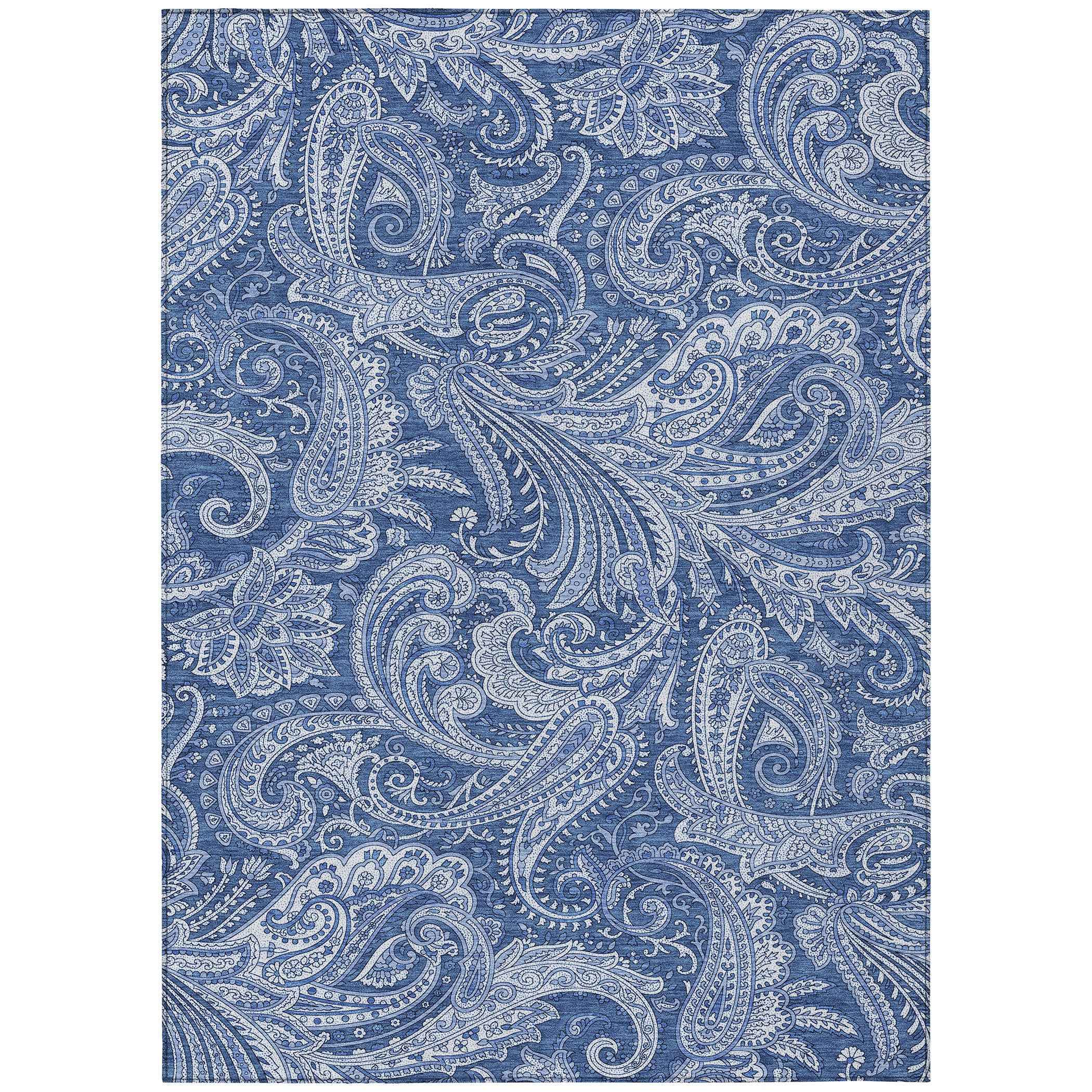 3' X 5' Navy Blue And Denim Blue Paisley Washable Indoor Outdoor Area Rug