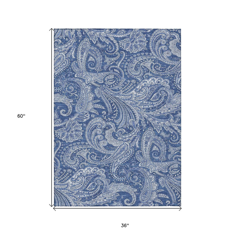 3' X 5' Navy Blue And Denim Blue Paisley Washable Indoor Outdoor Area Rug
