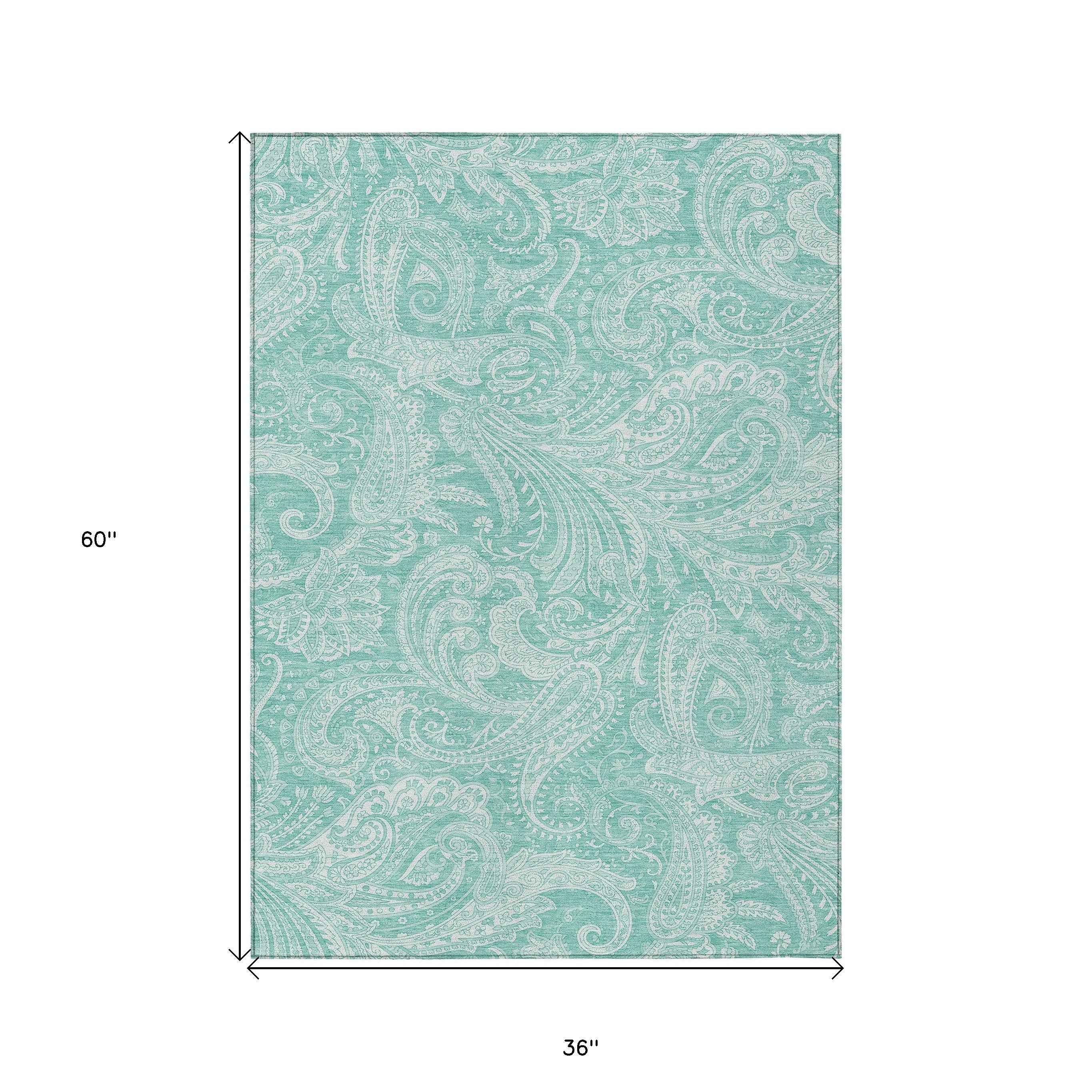 3' X 5' Teal Blue And Ivory Paisley Washable Indoor Outdoor Area Rug