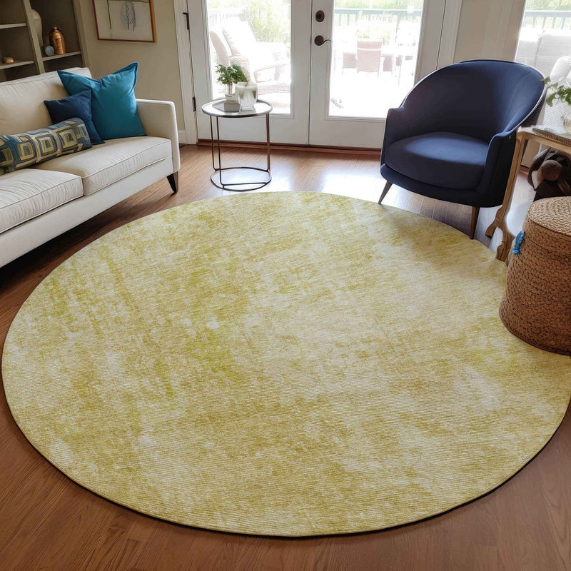 8' Gold Wheat And Ivory Round Abstract Washable Indoor Outdoor Area Rug