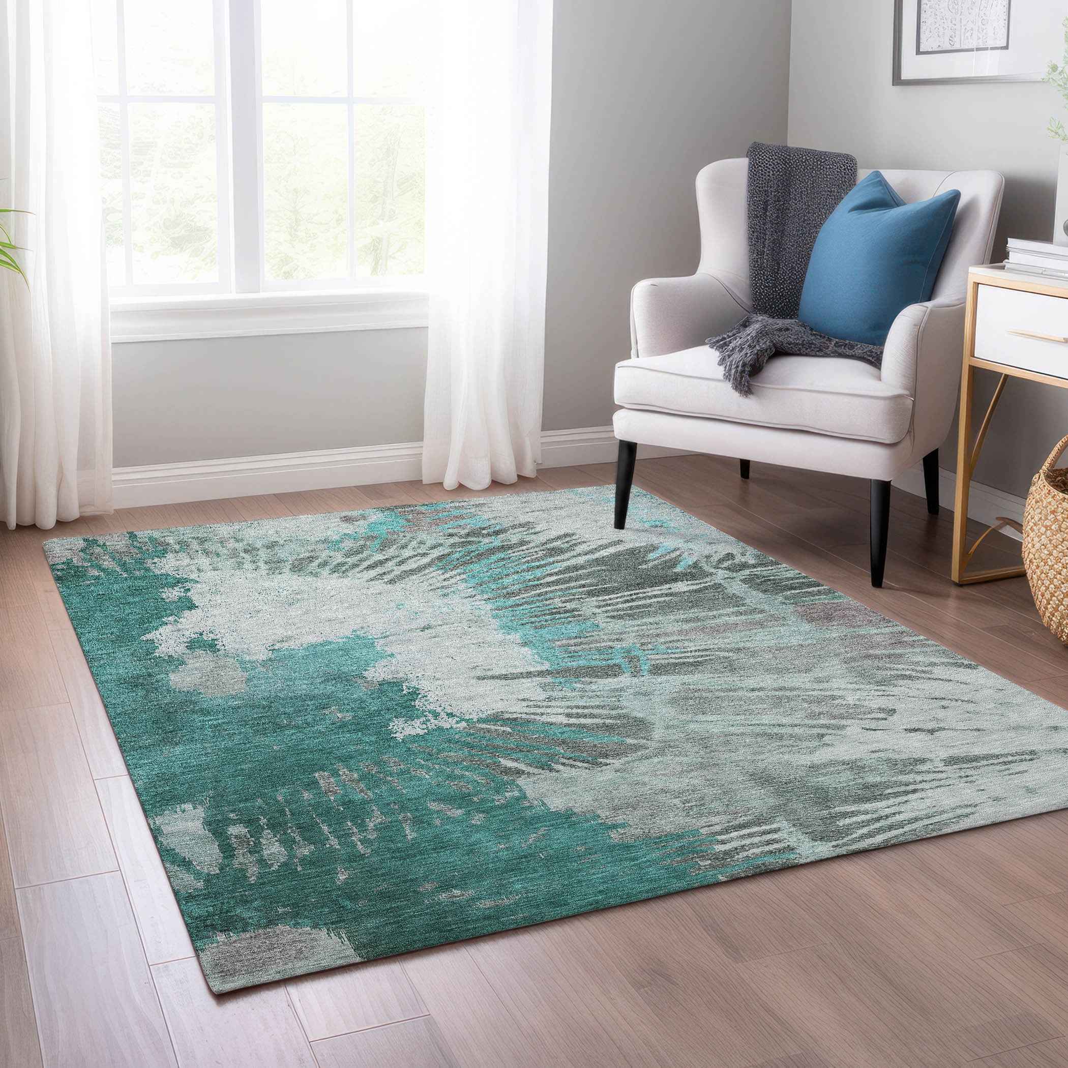 8' X 10' Dark Green Aqua And Gray Abstract Washable Indoor Outdoor Area Rug