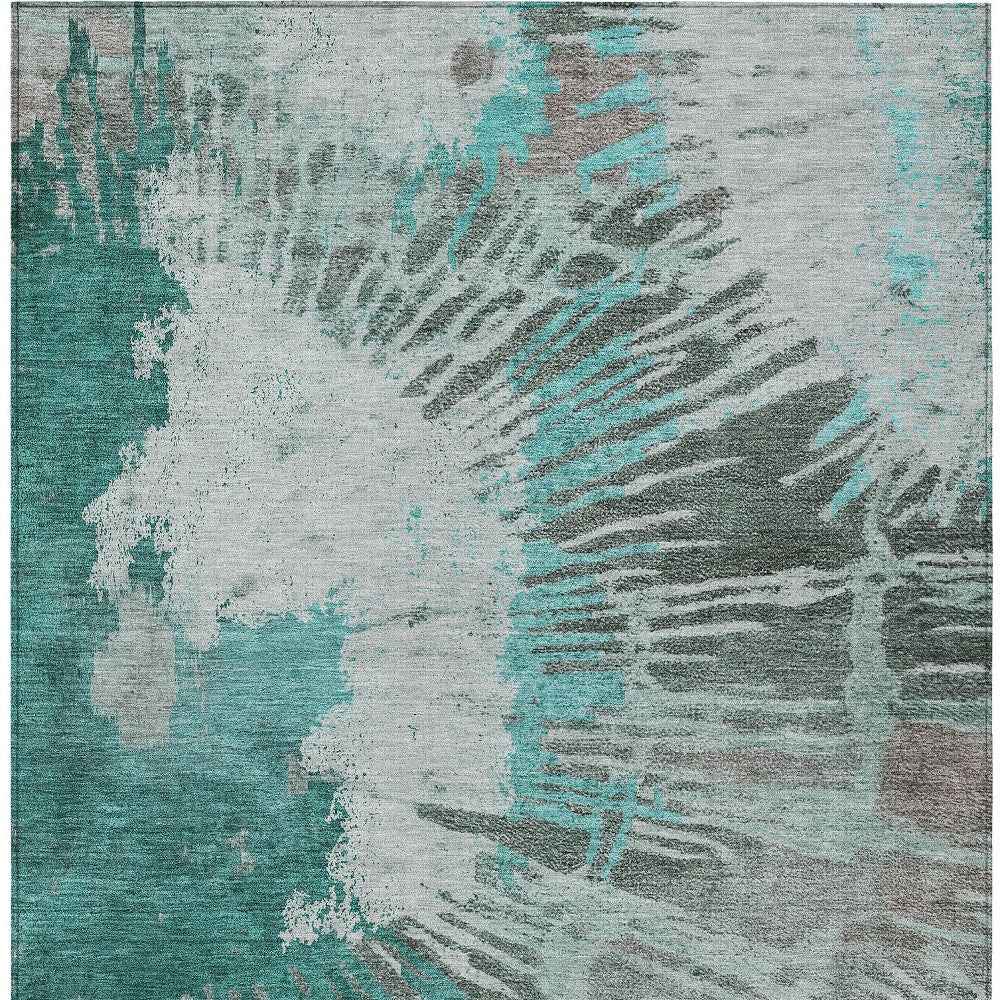 8' X 10' Dark Green Aqua And Gray Abstract Washable Indoor Outdoor Area Rug