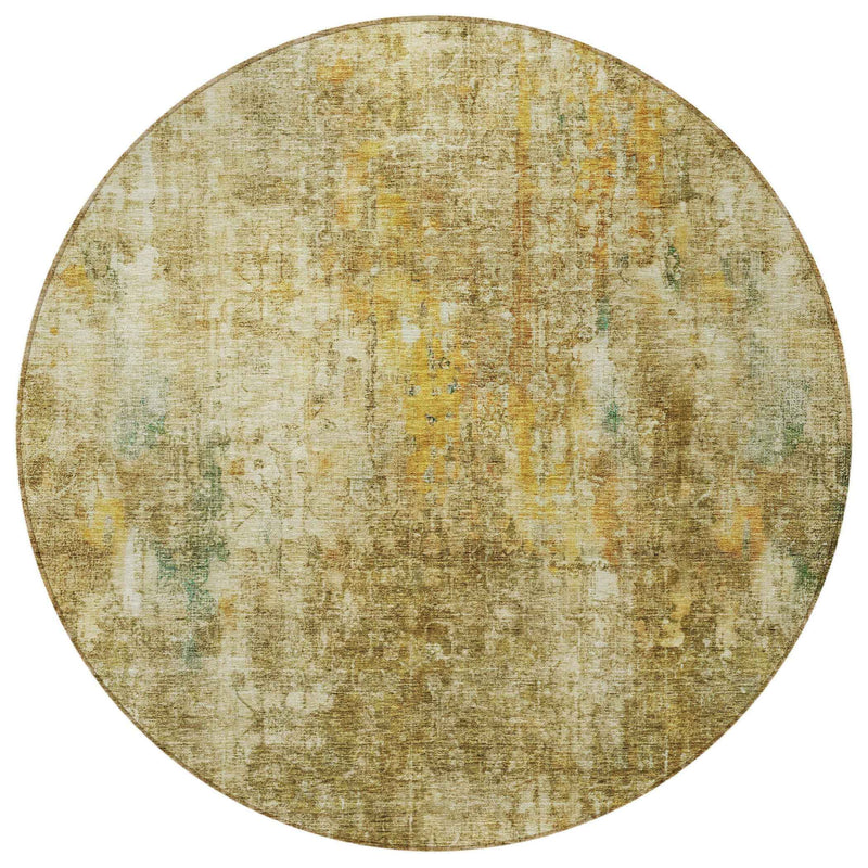 8' Brown Beige And Gold Round Abstract Washable Indoor Outdoor Area Rug