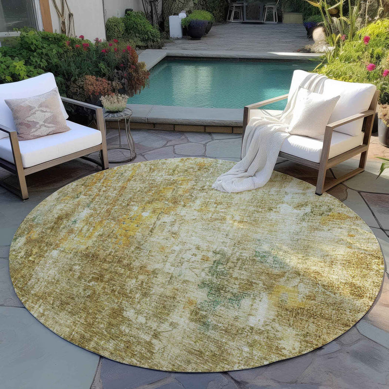 8' Brown Beige And Gold Round Abstract Washable Indoor Outdoor Area Rug