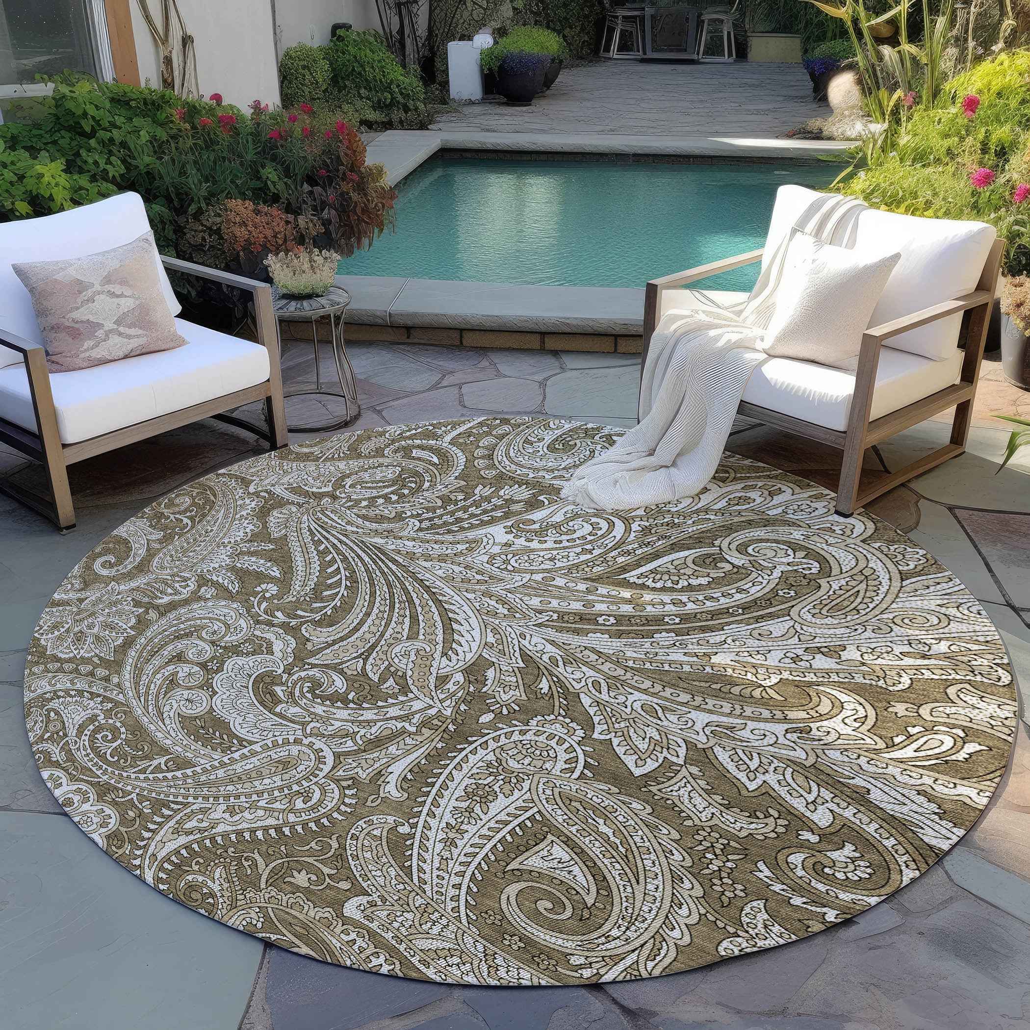8' Chocolate Beige And Ivory Round Paisley Washable Indoor Outdoor Area Rug
