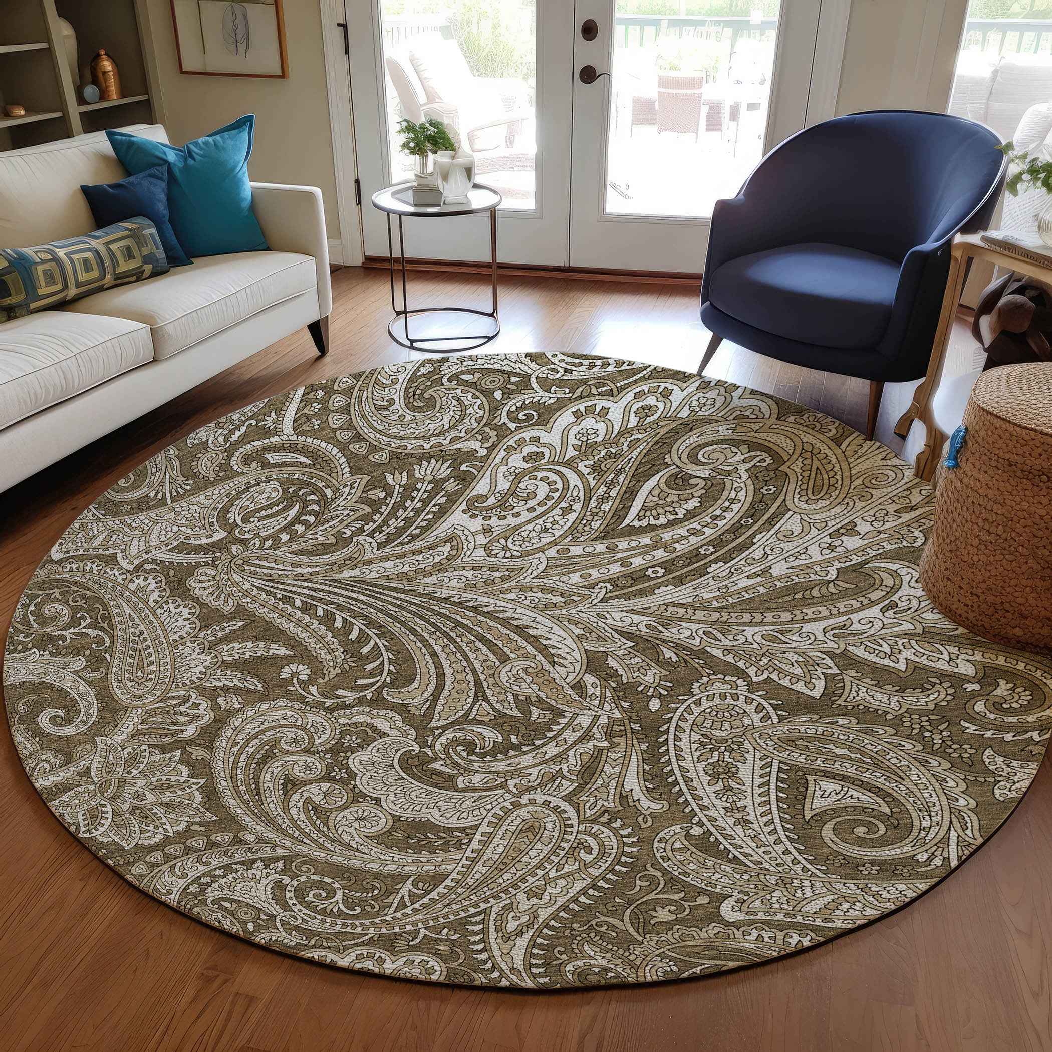 8' Chocolate Beige And Ivory Round Paisley Washable Indoor Outdoor Area Rug