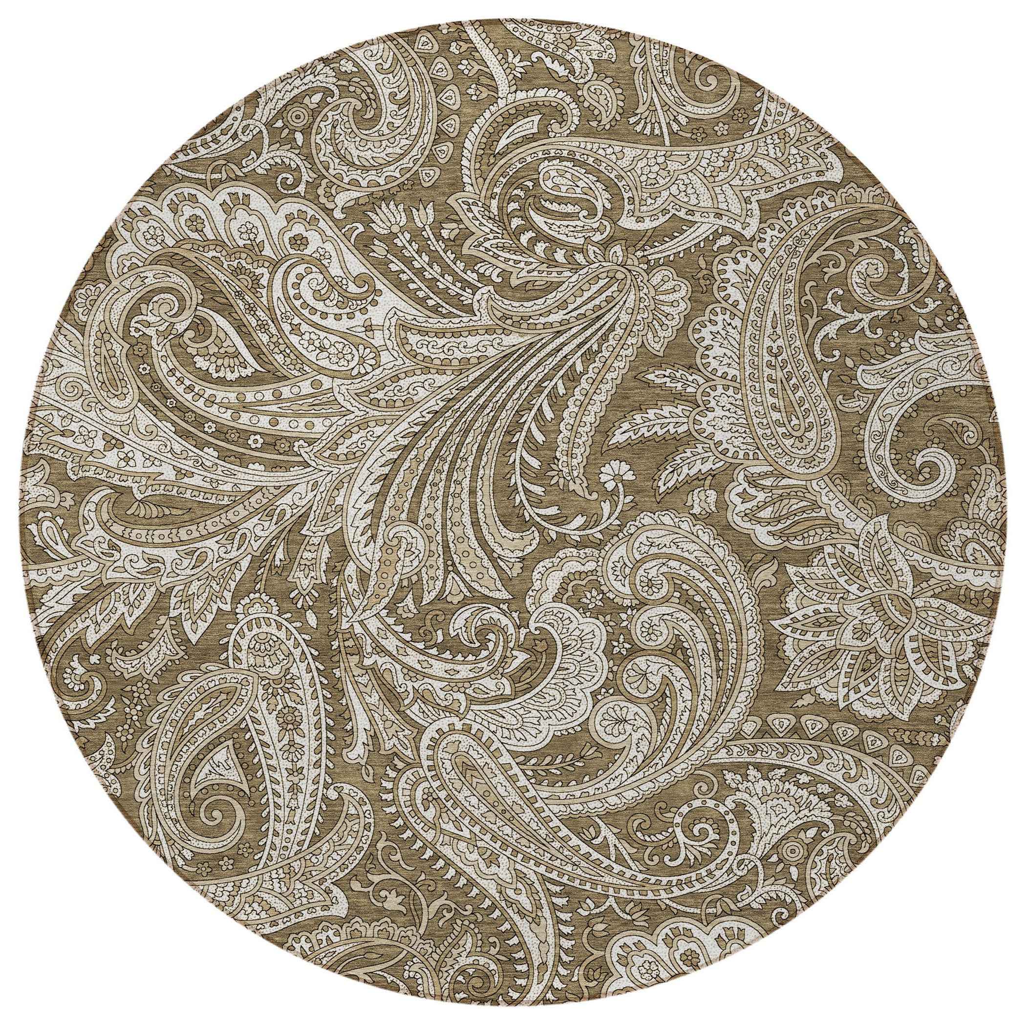 8' Chocolate Beige And Ivory Round Paisley Washable Indoor Outdoor Area Rug