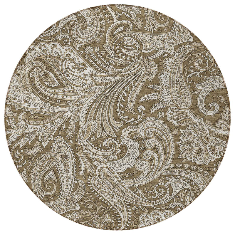8' Chocolate Beige And Ivory Round Paisley Washable Indoor Outdoor Area Rug